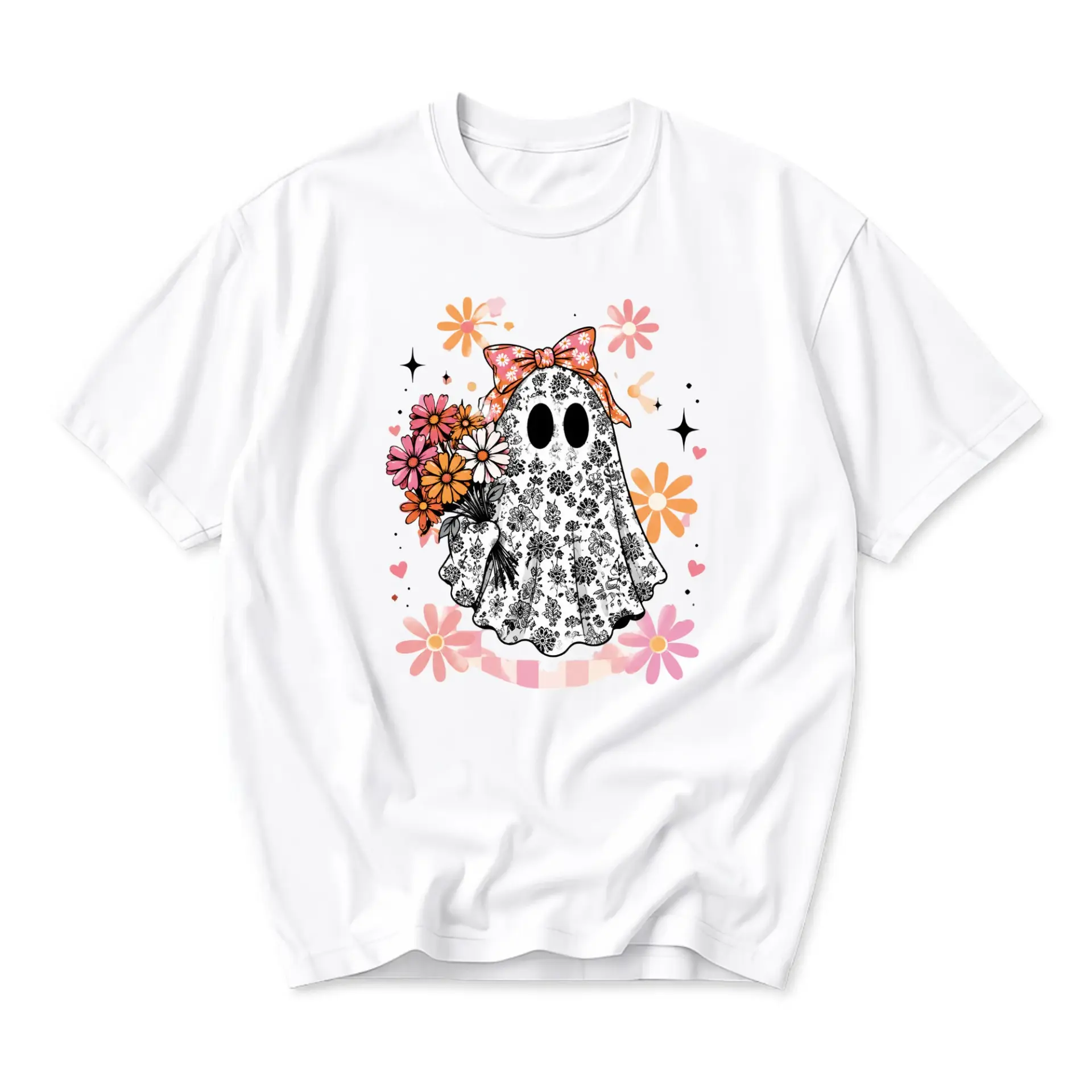 Graphic Tee Floral Ghost Print Unisex Shirt Cute Botanical Spooky Art Casual Crew Neck Top for Every Day Wear