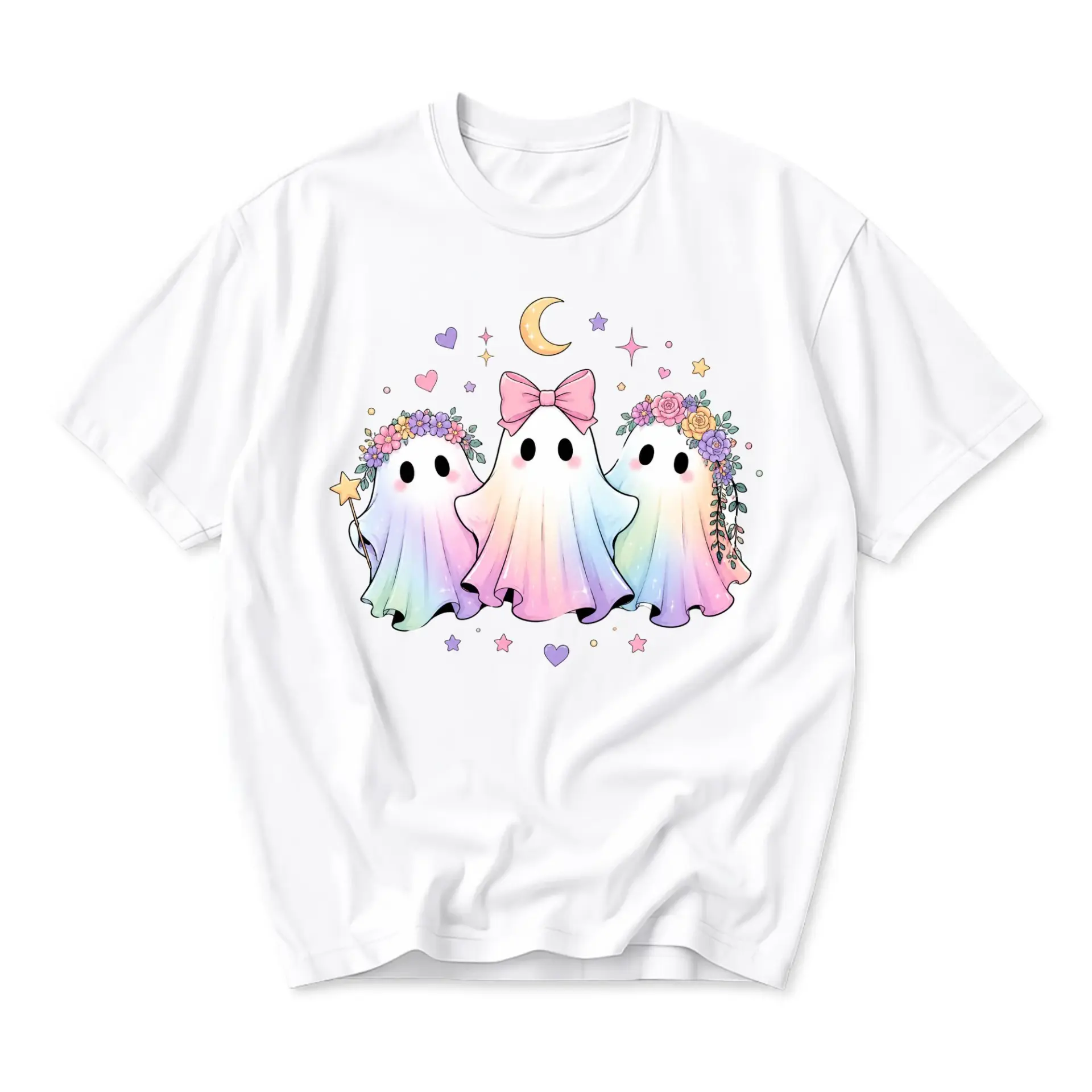 T-shirt Pastel Rainbow Ghost Trio Aesthetic Graphic Tee Cute Whimsical Illustration Casual Unisex Crew Neck Top