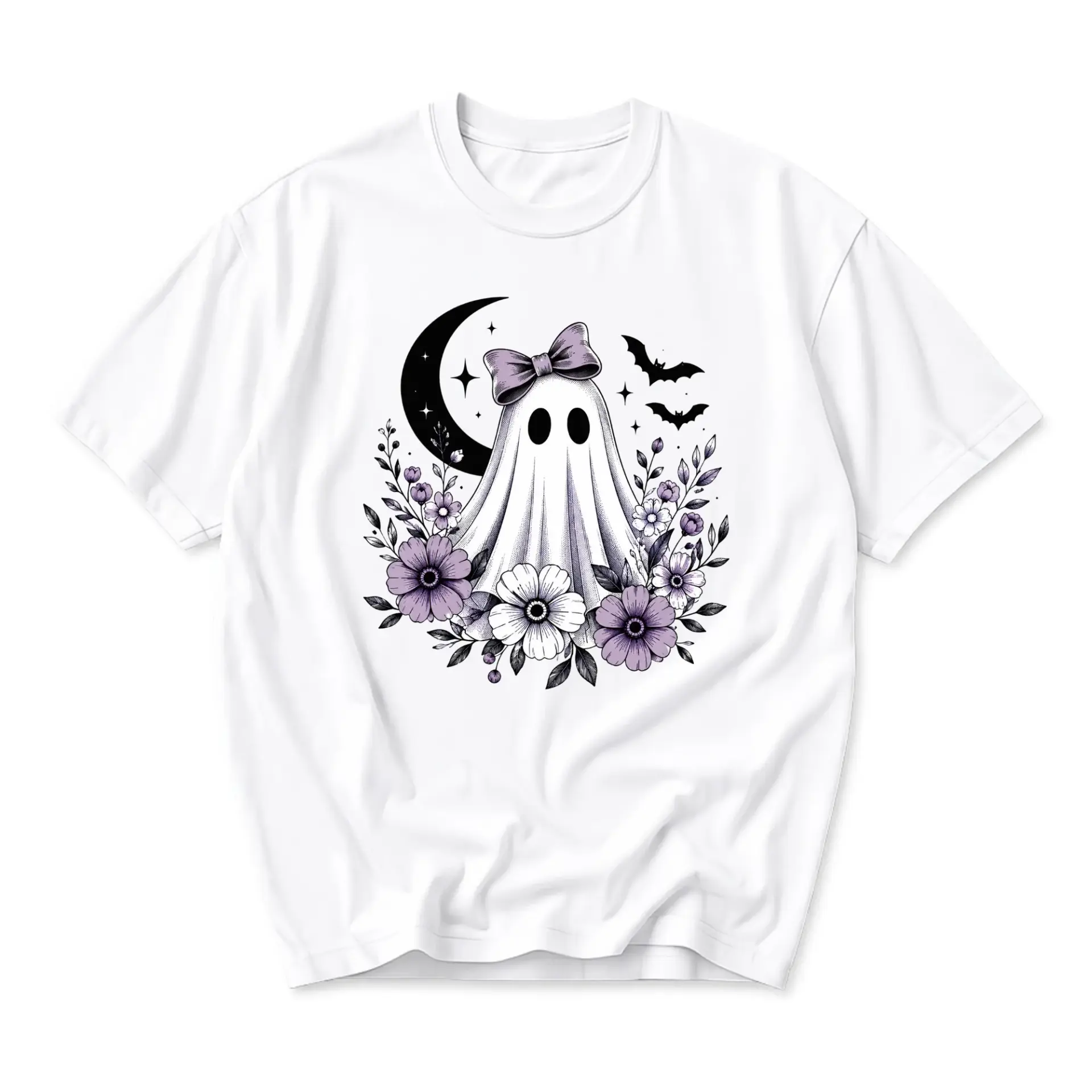 Graphic Tee Ghost with Purple Bow and Floral Moon Illustration Unisex Cotton Blend Casual Crew Neck Short Sleeve Shirt