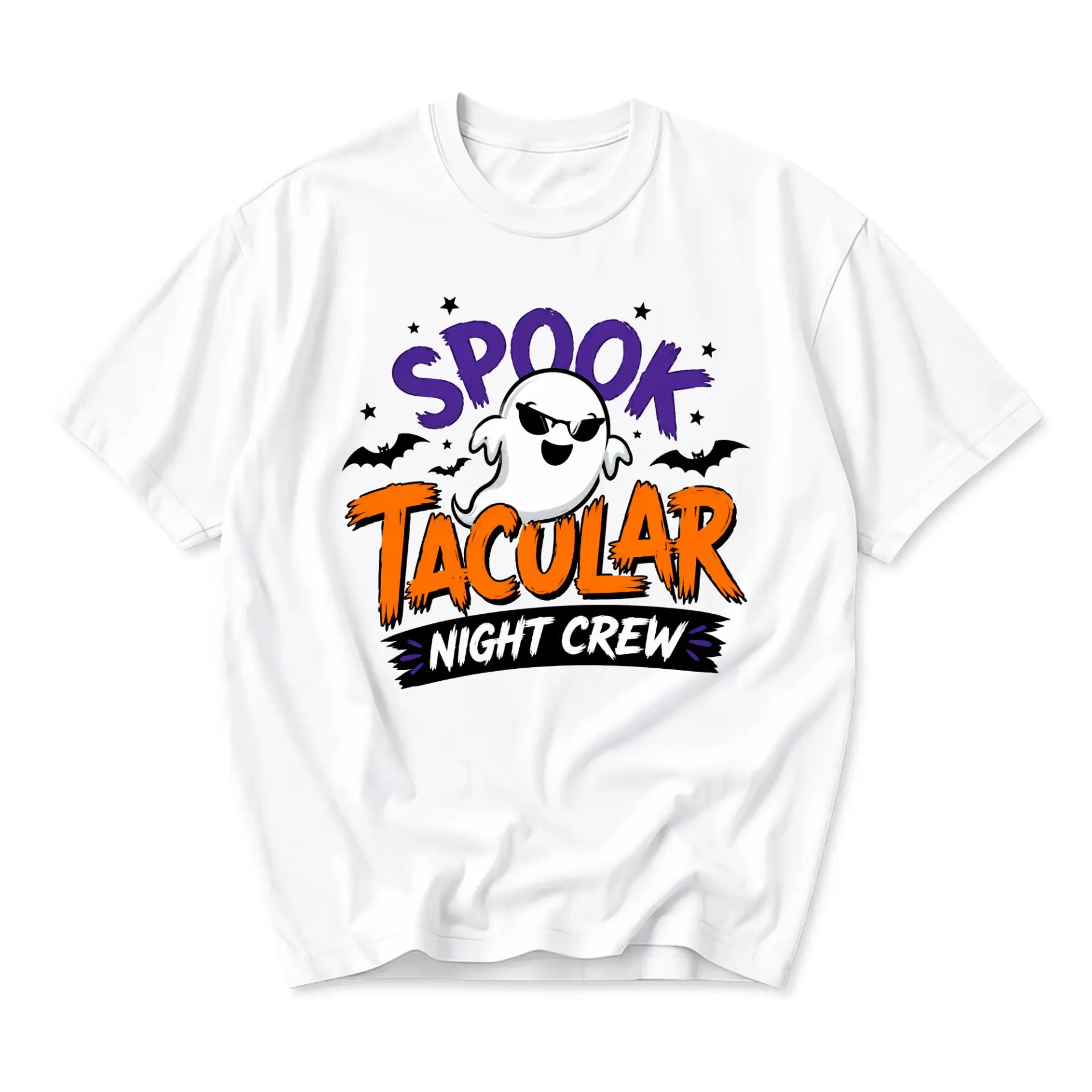 Funny Shirt Spooktacular Night Crew Ghost Graphic Tee Unisex Casual Apparel for Halloween Enthusiasts White Short Sleeve