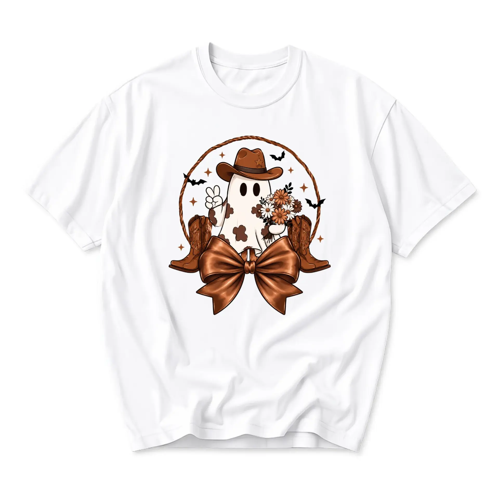 Graphic Tee Cowboy Ghost T-Shirt Western Floral Print Unisex Casual Crew Neck Short Sleeve Cotton Top for Men Women
