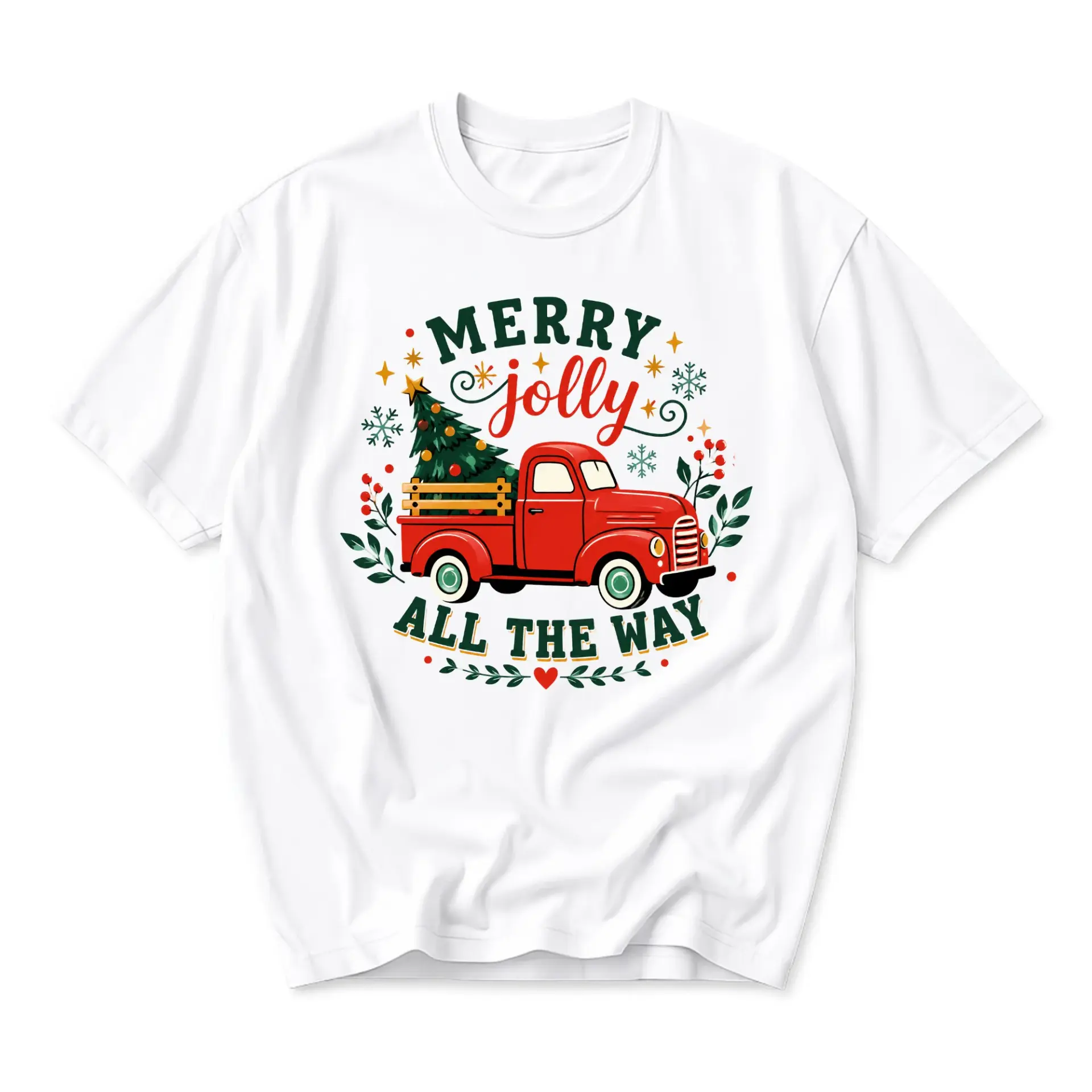 T-shirt Merry Jolly All the Way Graphic Tee Vintage Christmas Truck Holiday