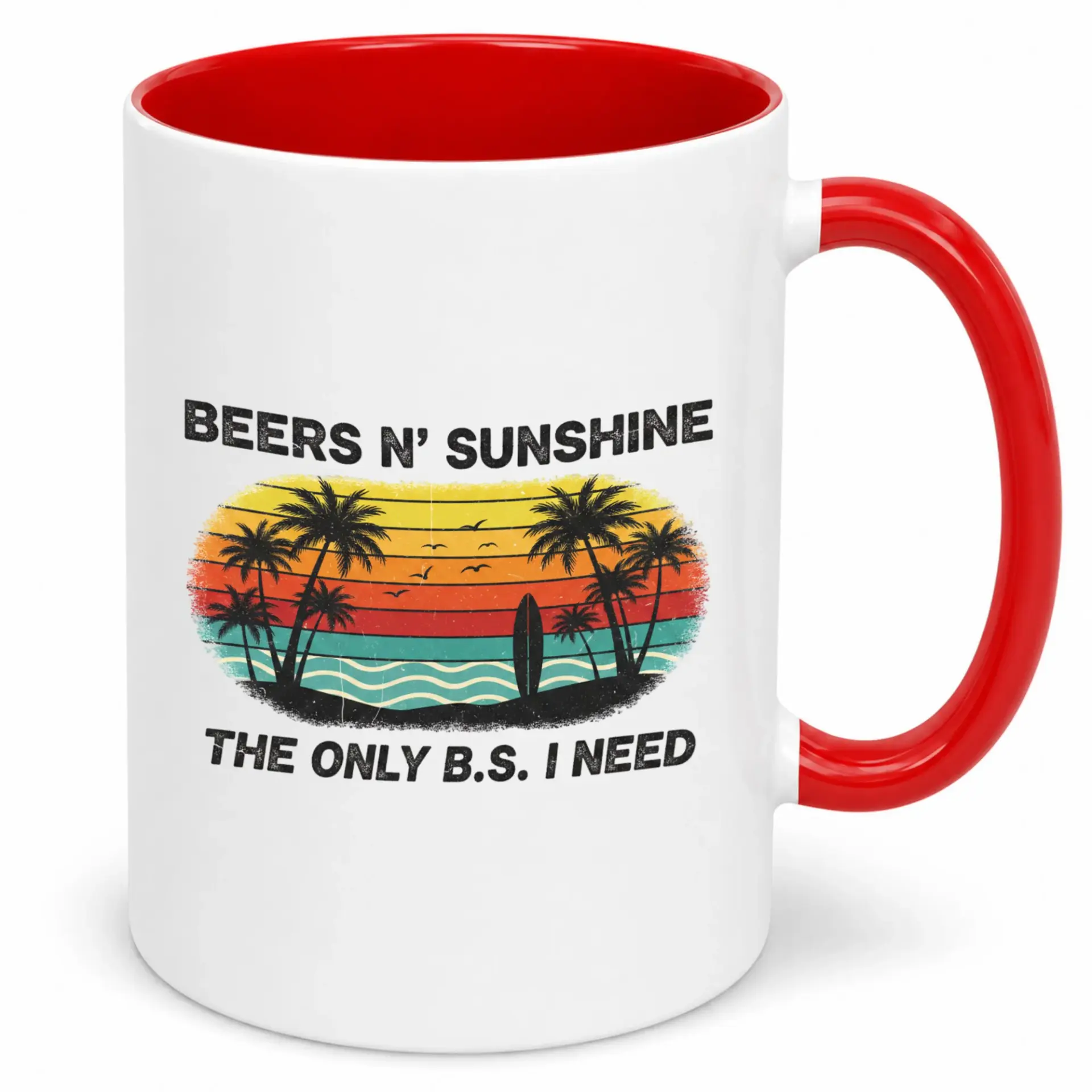 Funny Beach Themed Coffee Mug with Palm Trees Sunset Surfboard Design, "beers N' Sunshine the Only B.s. I Need" Ceramic Cup for Vacation Lovers, 11oz or 15oz