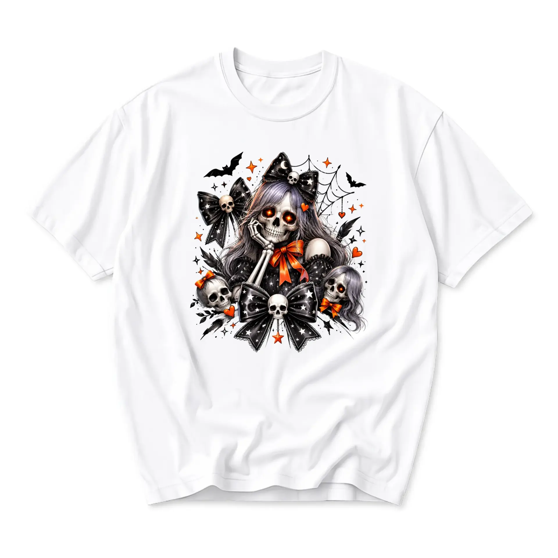 Graphic Tee Skull Girl with Bows Gothic Aesthetic Unisex Short Sleeve Crew Neck Casual Everyday Printed Shirt