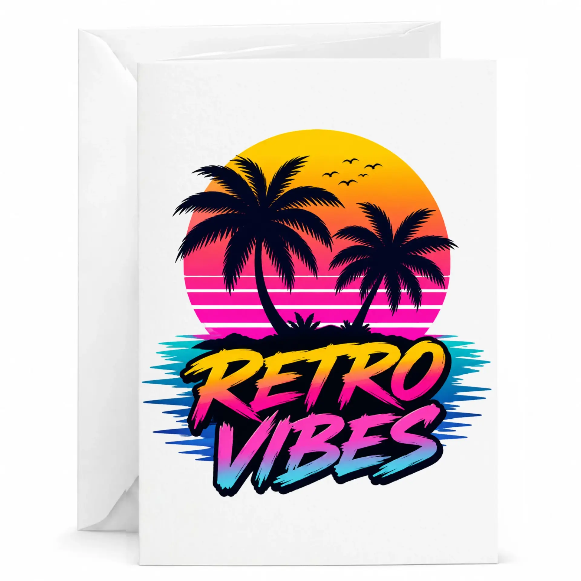 Retro Vibes Palm Tree Greeting Card with Tropical Sunset Graphic for Birthday Anniversary and Celebratory Occasions
