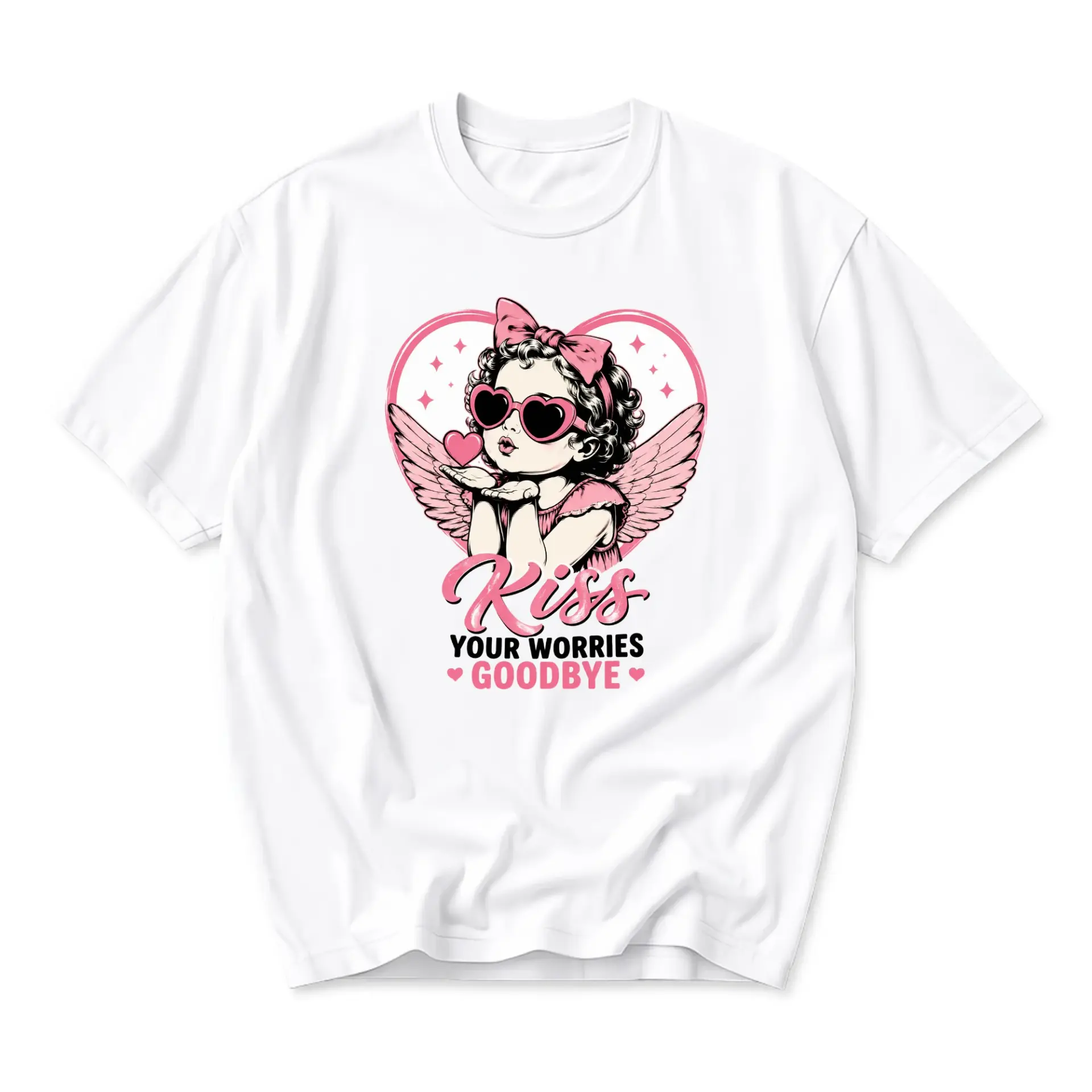 Graphic Tee Kiss Your Worries Goodbye Cupid Heart Sunglasses Illustration Unisex Casual Crew Neck Soft Cotton Shirt