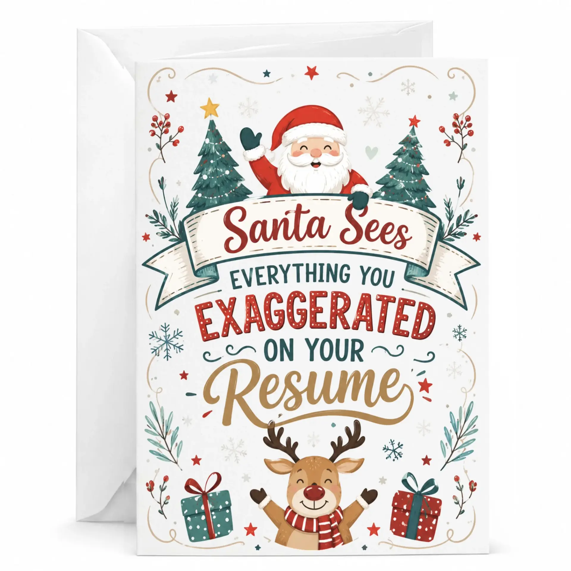Funny Christmas Greeting Card Santa Sees Everything You Exaggerated on Your Resume Holiday Season Humor