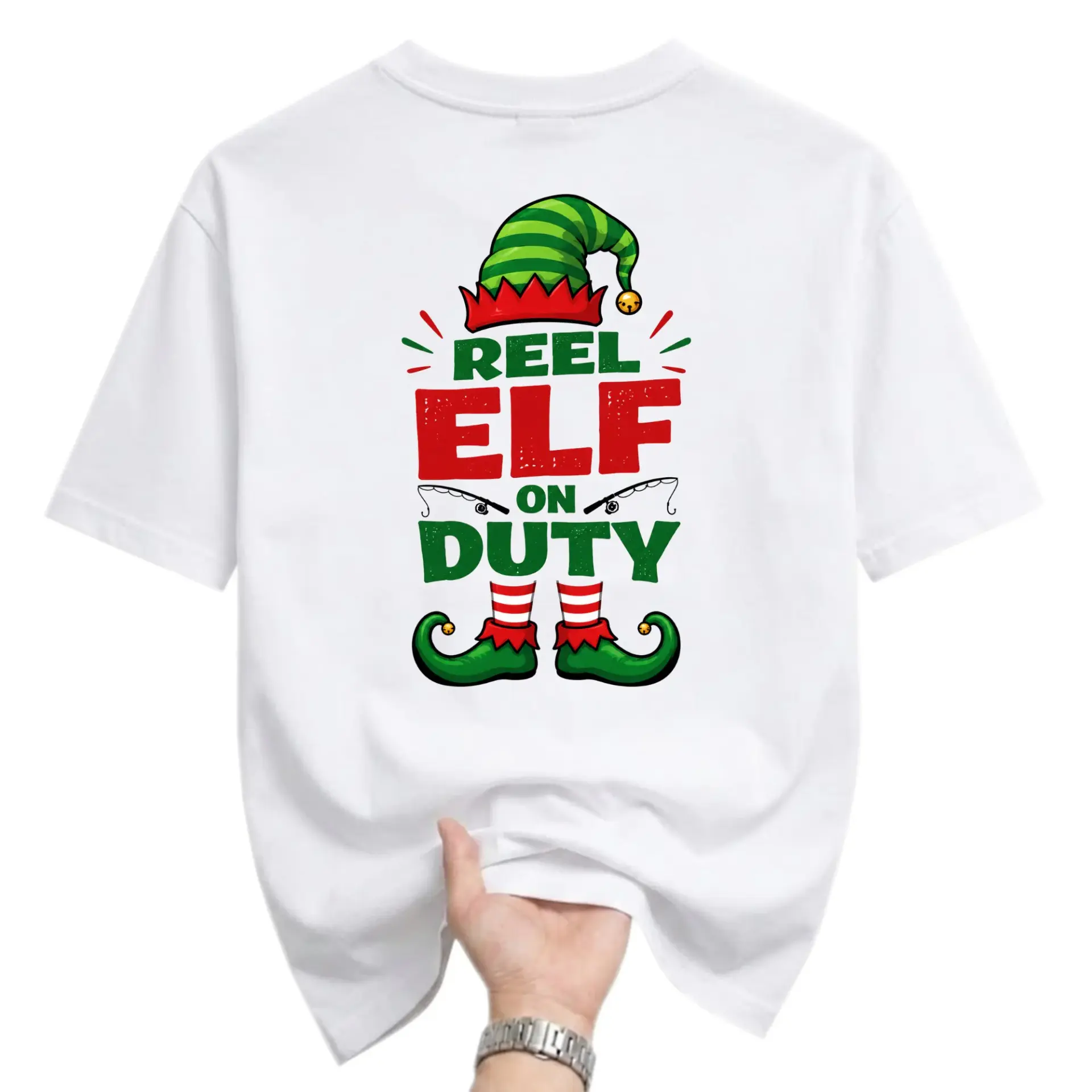 Funny Shirt Reel Elf on Duty Graphic Tee Unisex Casual Holiday Short Sleeve Crew Neck Cotton Blend Apparel for Fishing
