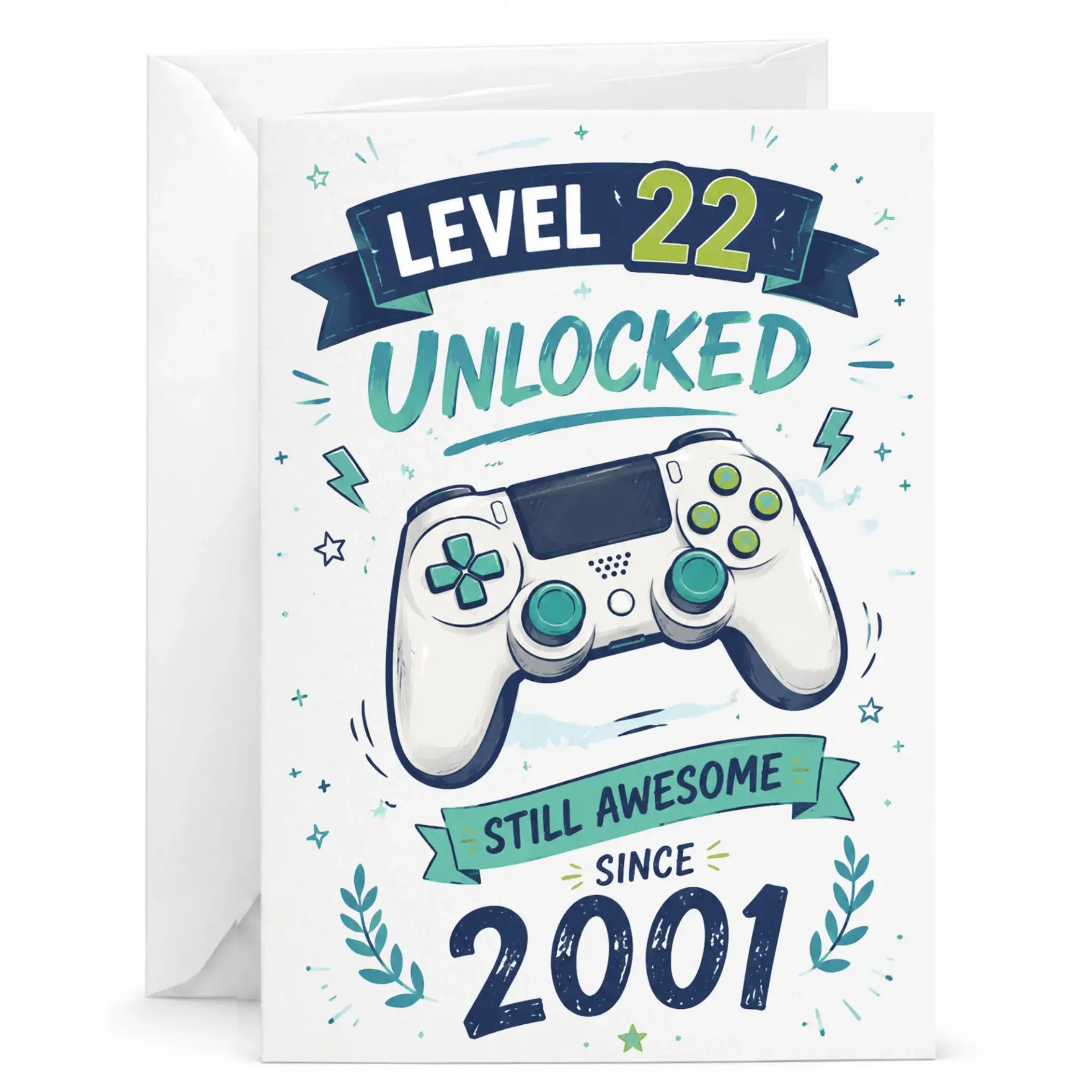 Funny Birthday Card Level 22 Unlocked Still Awesome Since 2001 Gamer Themed Greeting Card for Video Game Fans