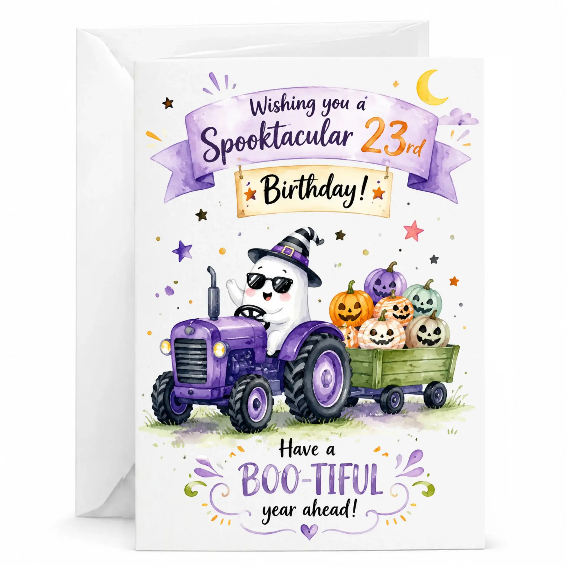 Funny Birthday Card Spooktacular 23rd Birthday Ghost Driving Tractor Watercolor Illustration Greeting Card with Envelope
