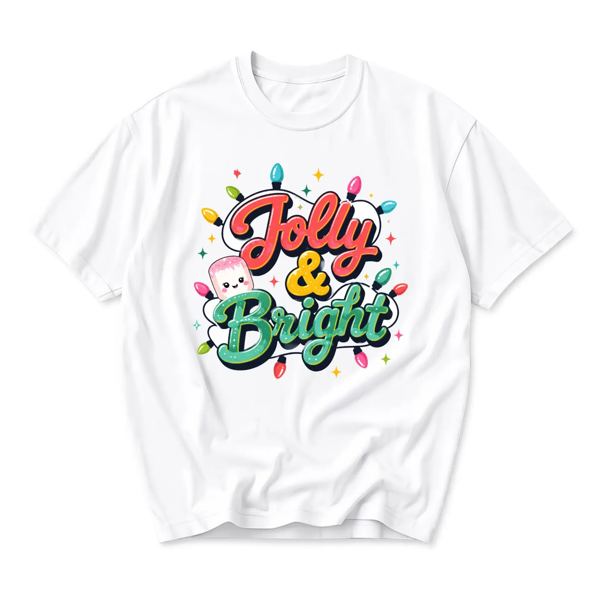 Graphic Tee Jolly and Bright Holiday Marshmallow Festive Unisex Crew Neck Casual Everyday Wear Soft Cotton Shirt
