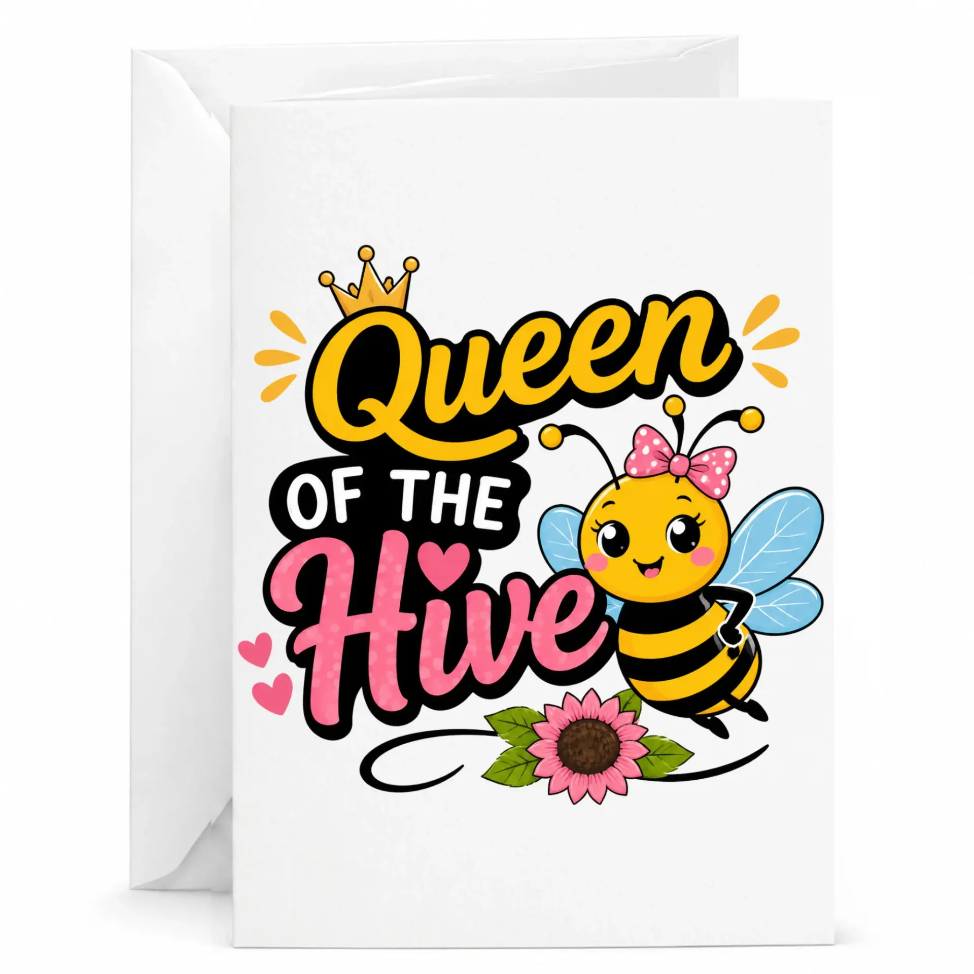 Queen of the Greeting Card Cute Bee Illustration Folded Note with Matching White Envelope for Any Occasion