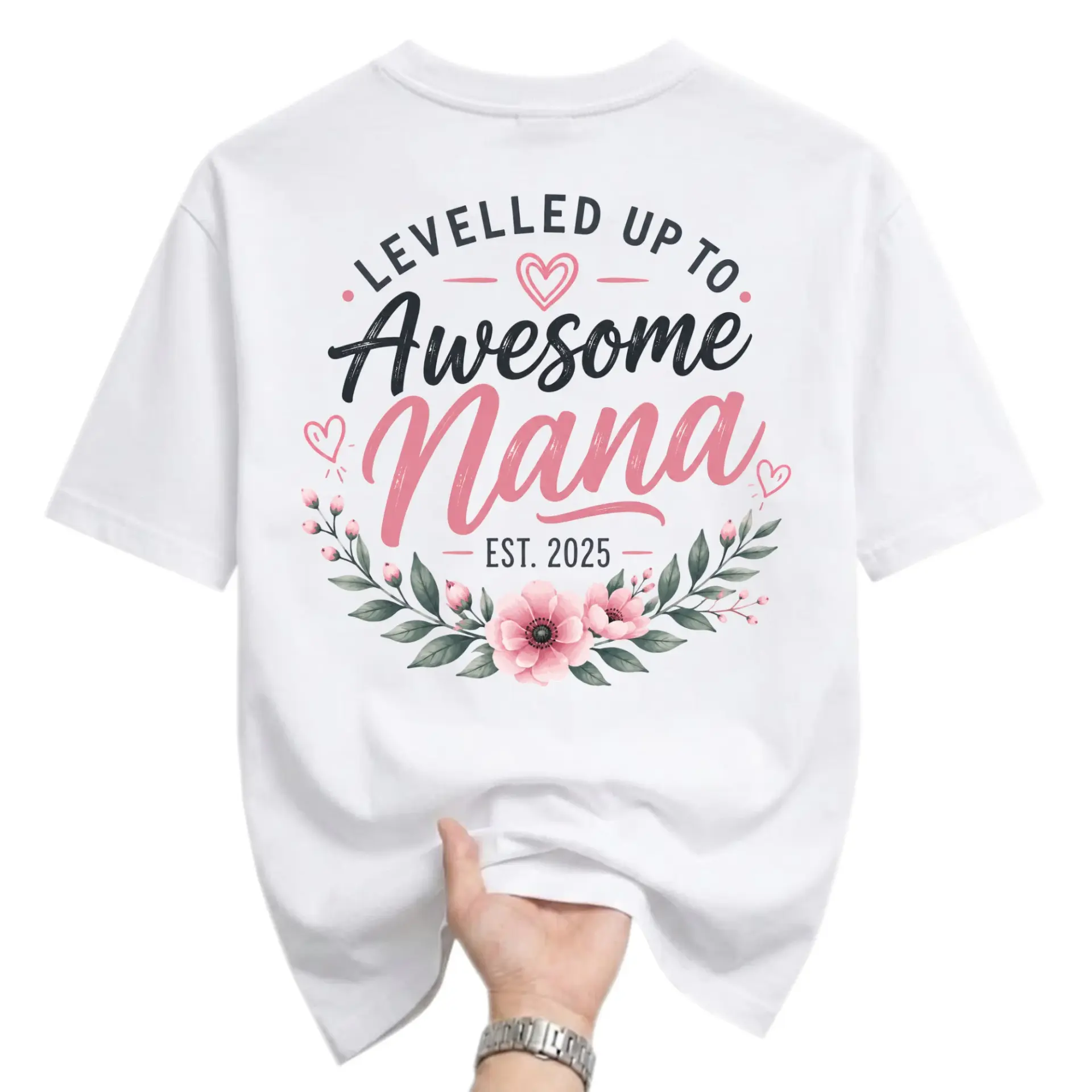 Graphic Tee Levelled up to Awesome Nana Est 2025 Floral Design Unisex Crew Neck Casual Everyday Printed T-Shirt