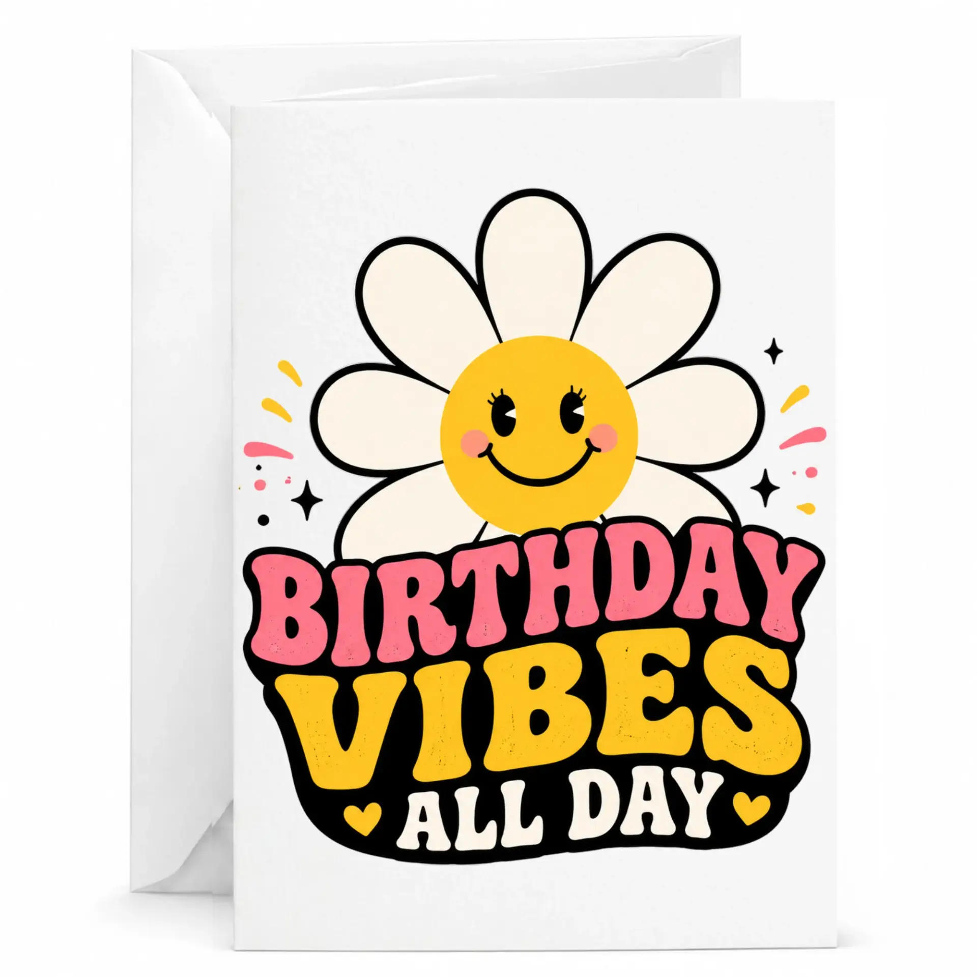 Birthday Card Birthday Vibes All Day with Groovy Retro Daisy Flower Design and Matching White Envelope 5x7 Inches