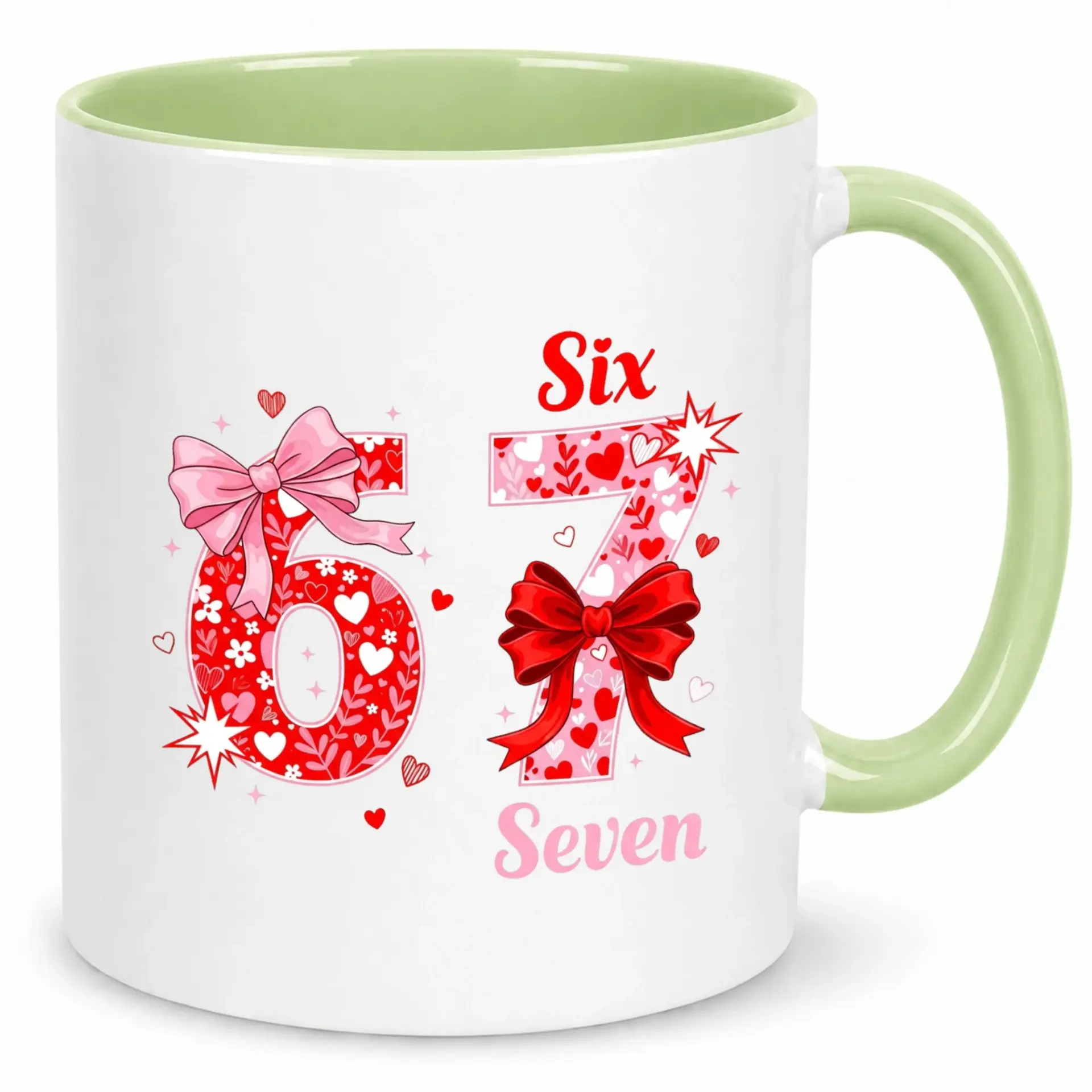 Romantic Numbers 6 and 7 Ceramic Coffee Mug with Hearts and Bows Design, 11oz or 15oz White Glossy Finish Beverage Cup for Home and Office