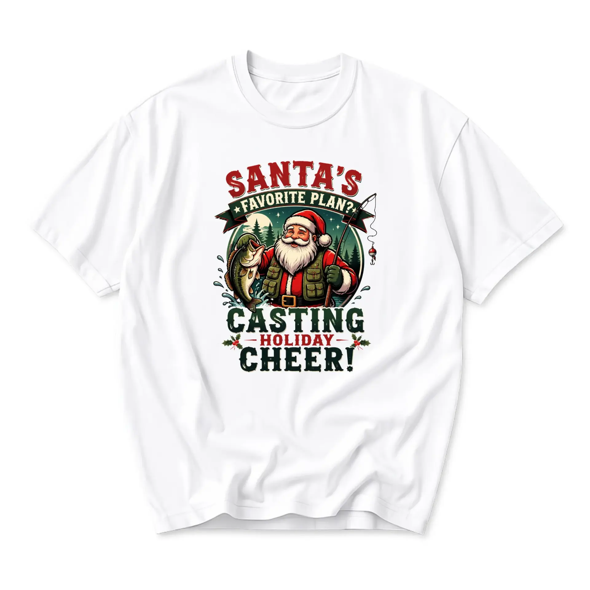 Funny Shirt Santa Fishing Graphic Tee Holiday Casual Unisex Crew Neck Top for Enthusiasts and Season