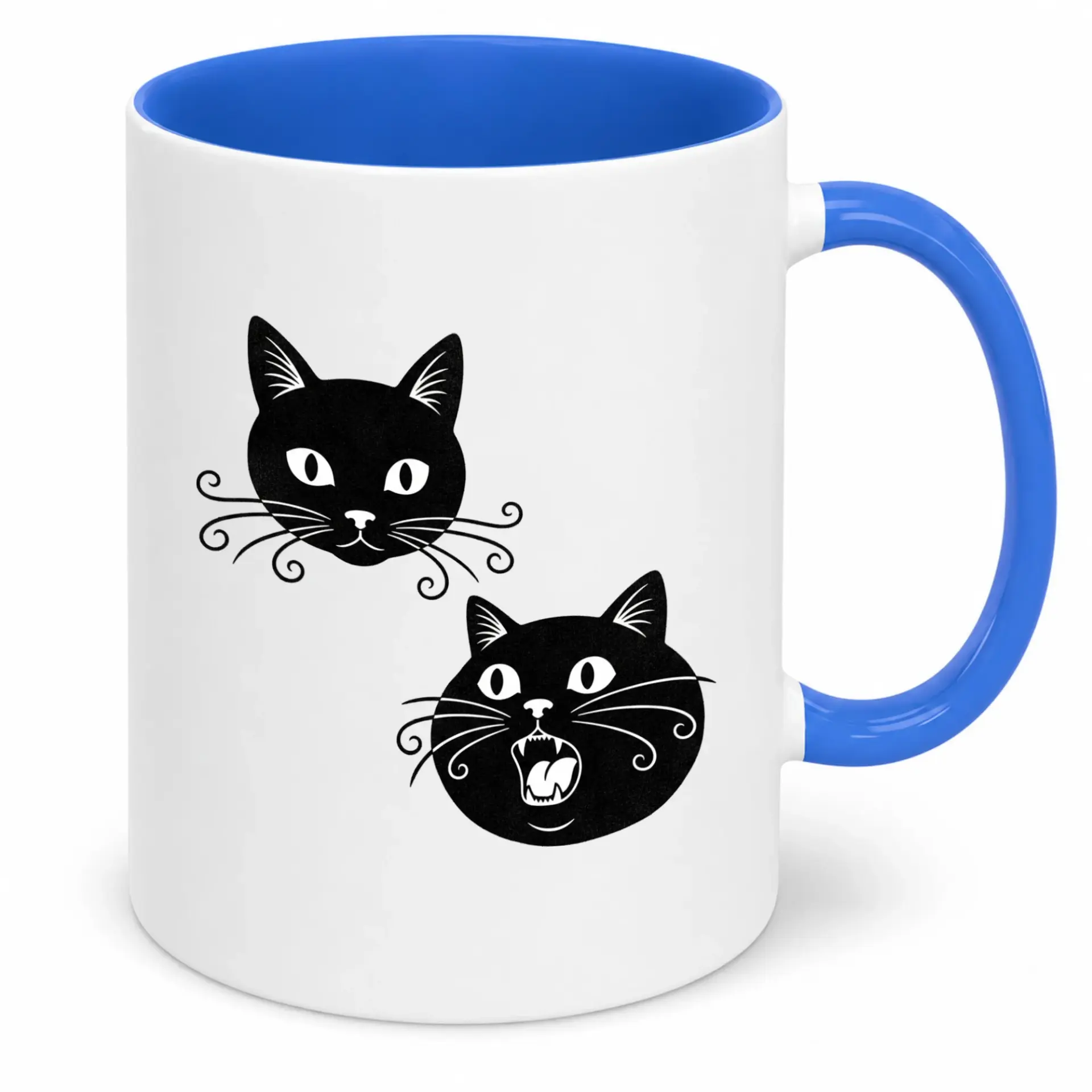 Funny Ceramic Coffee Mug with Yelling Black Kitten Design Cute Pet Lover Beverage Cup Blue Handle and Interior Unique Gift Idea for Animal Enthusiasts
