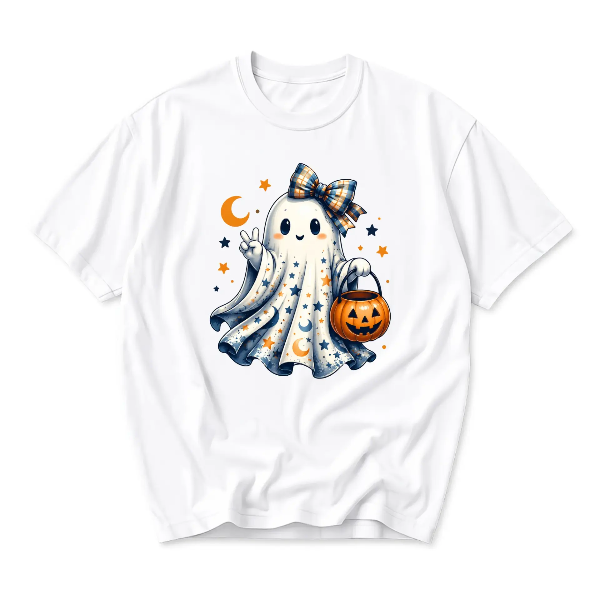 Graphic Tee Unisex Crew Neck T-Shirt Featuring a Cute Ghost with a Plaid Bow Holding a Pumpkin Treat Bucket Illustration