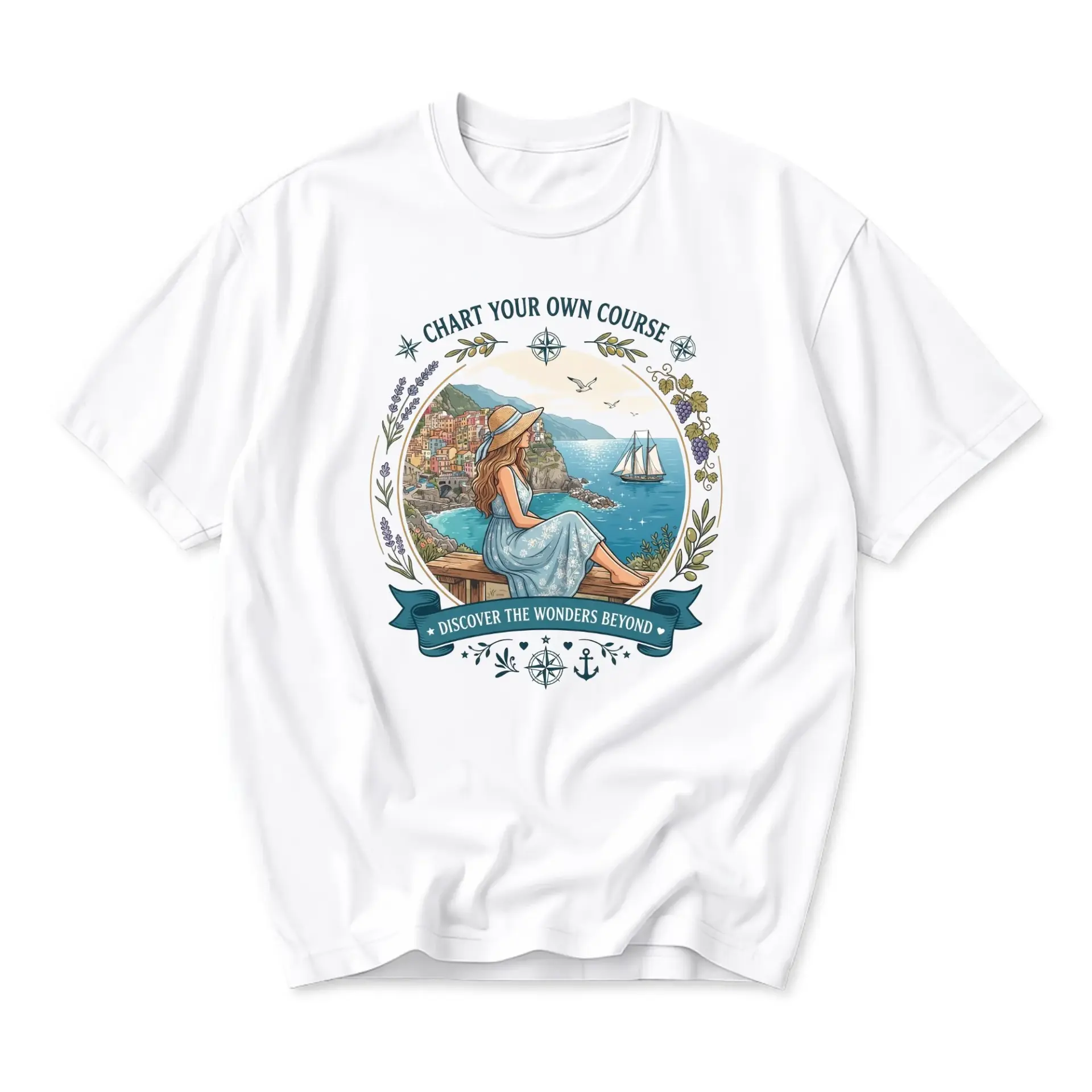 Graphic Tee Chart Your Own Course Coastal Aesthetic Wanderlust Art Print Unisex Crew Neck Casual Short Sleeve Shirt