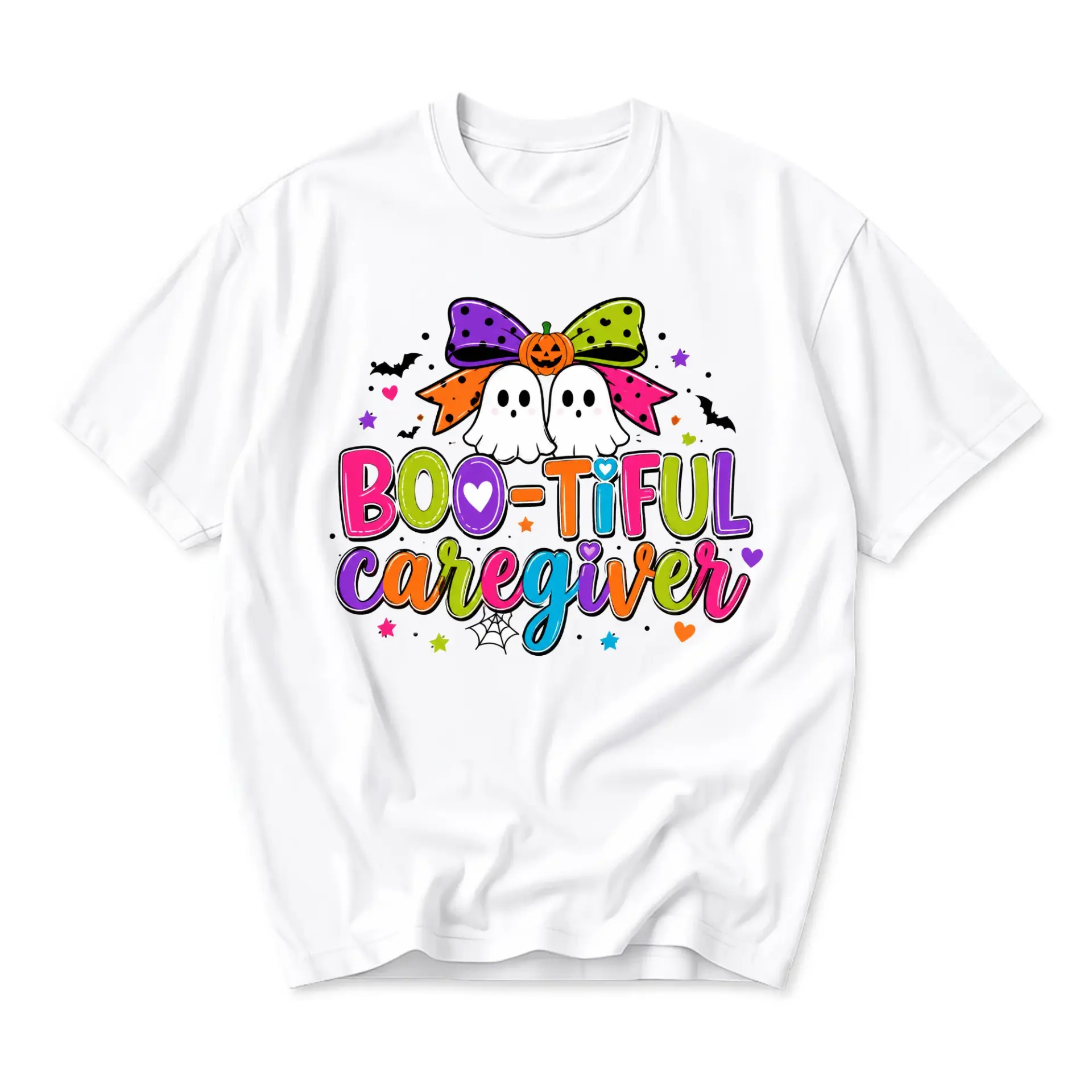 Funny Shirt Boo-Tiful Caregiver Halloween Graphic Tee Unisex Crew Neck Casual Everyday Wear Soft Cotton Blend Top