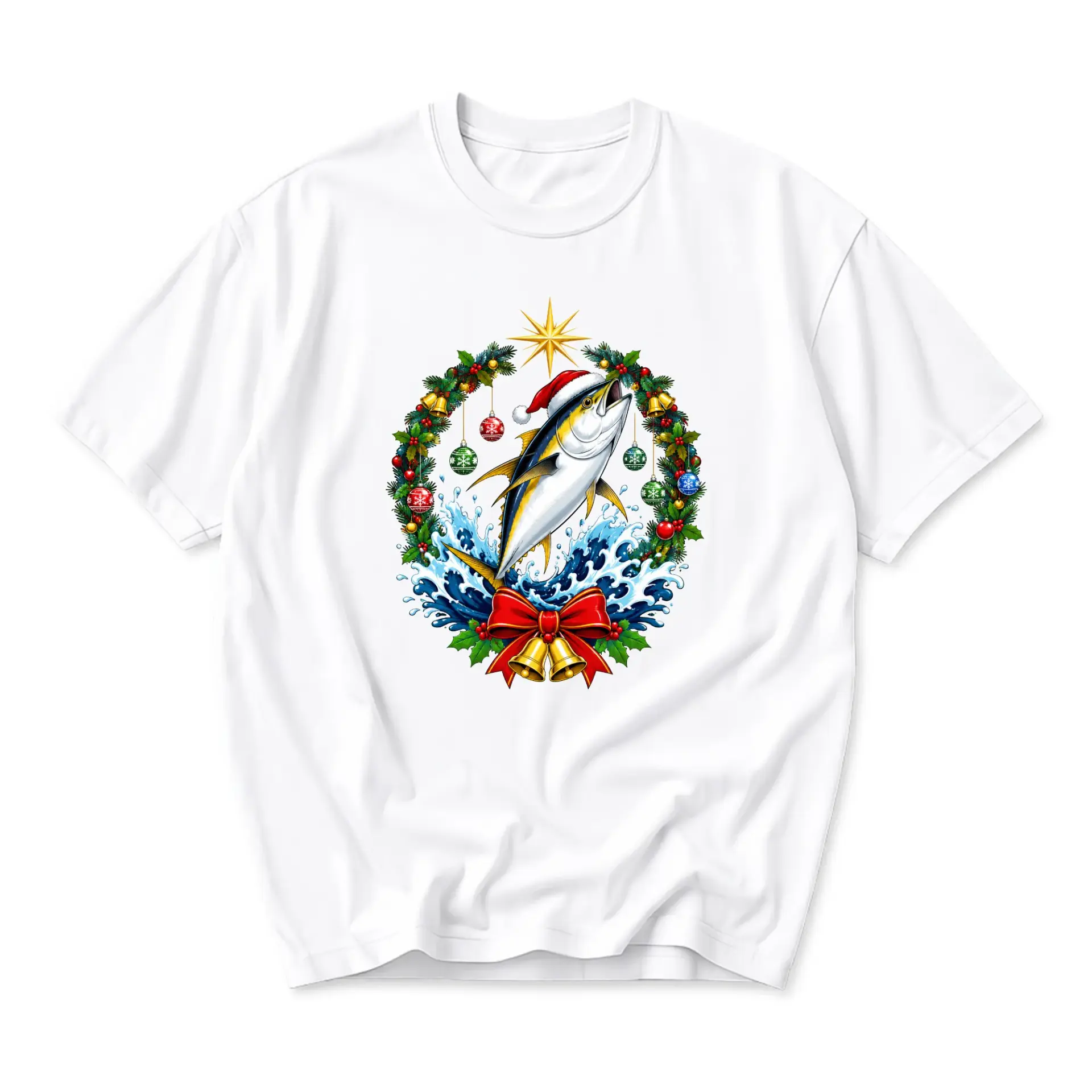 Funny Shirt Holiday Fishing Graphic Tee Fish Wearing Santa Hat Festive