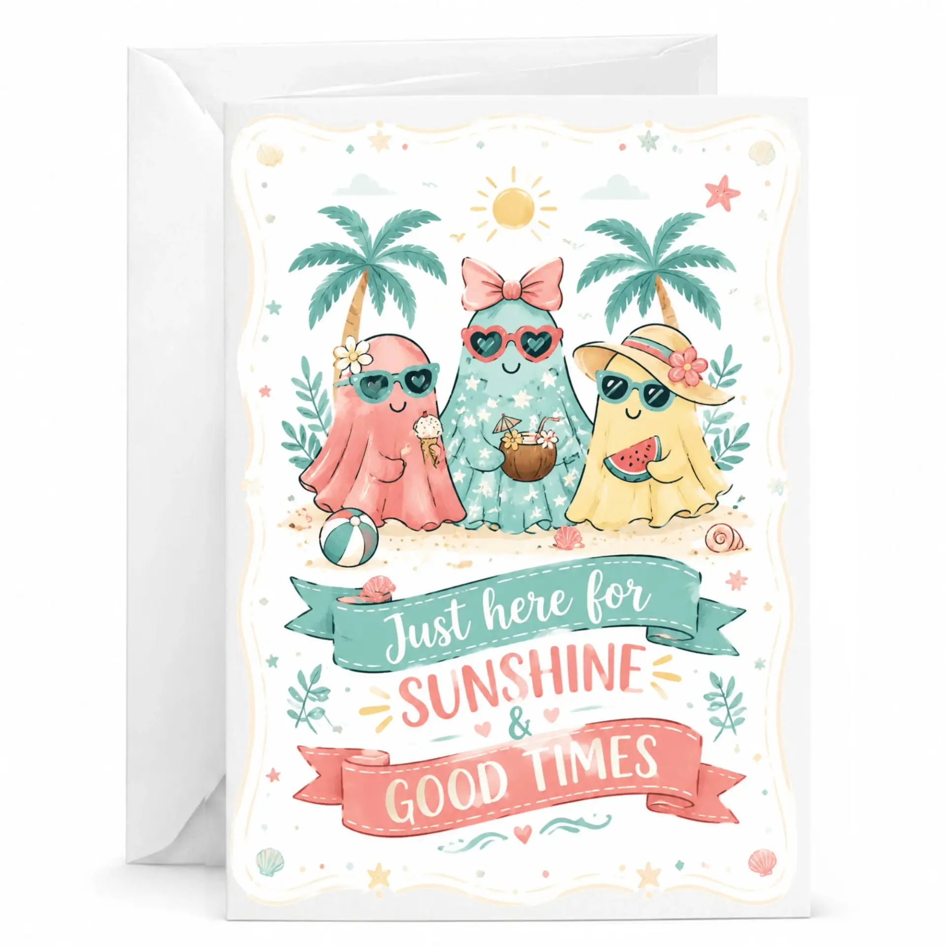 Greeting Card Just Here for Sunshine and Good Times Summer Theme Featuring Cute Enjoying Tropical Vacation Vibes