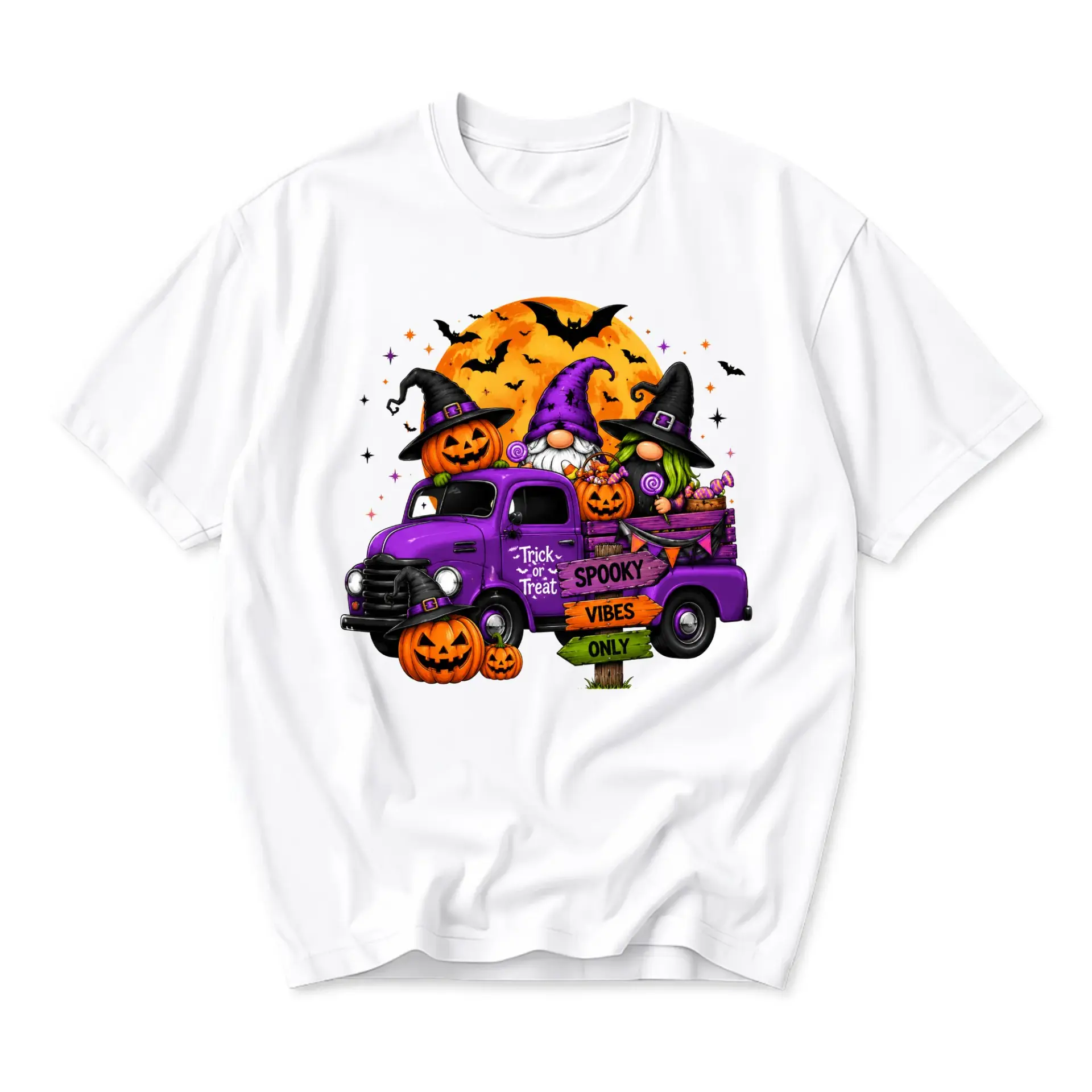 Graphic Tee Halloween Gnomes Truck Print Unisex Crew Neck Shirt Festive Holiday Apparel for Casual Fall Everyday Wear