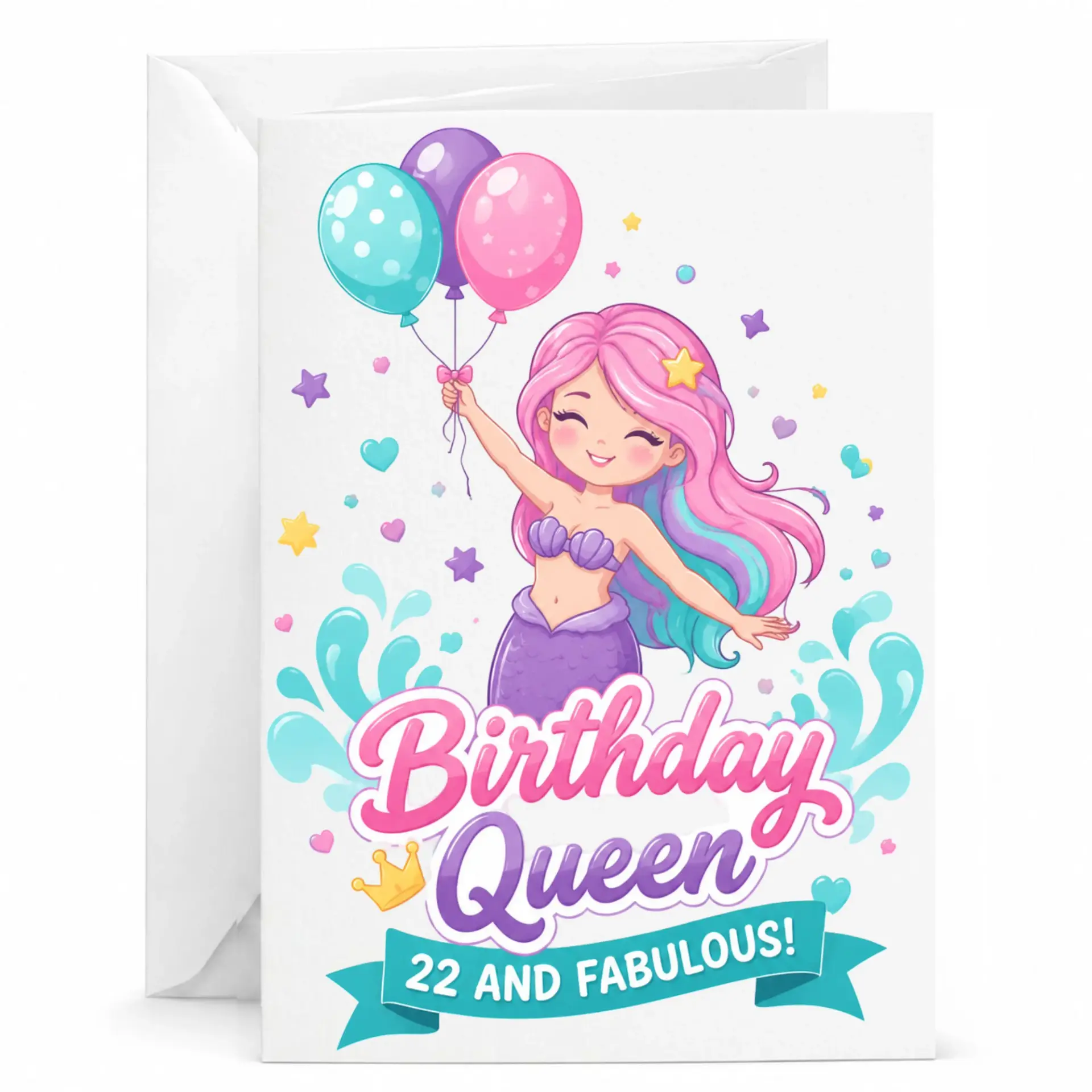 Birthday Queen 22nd Greeting Card, Fabulous 22 Birthday Party Mermaid Stationery for Twenty Second Year Celebration