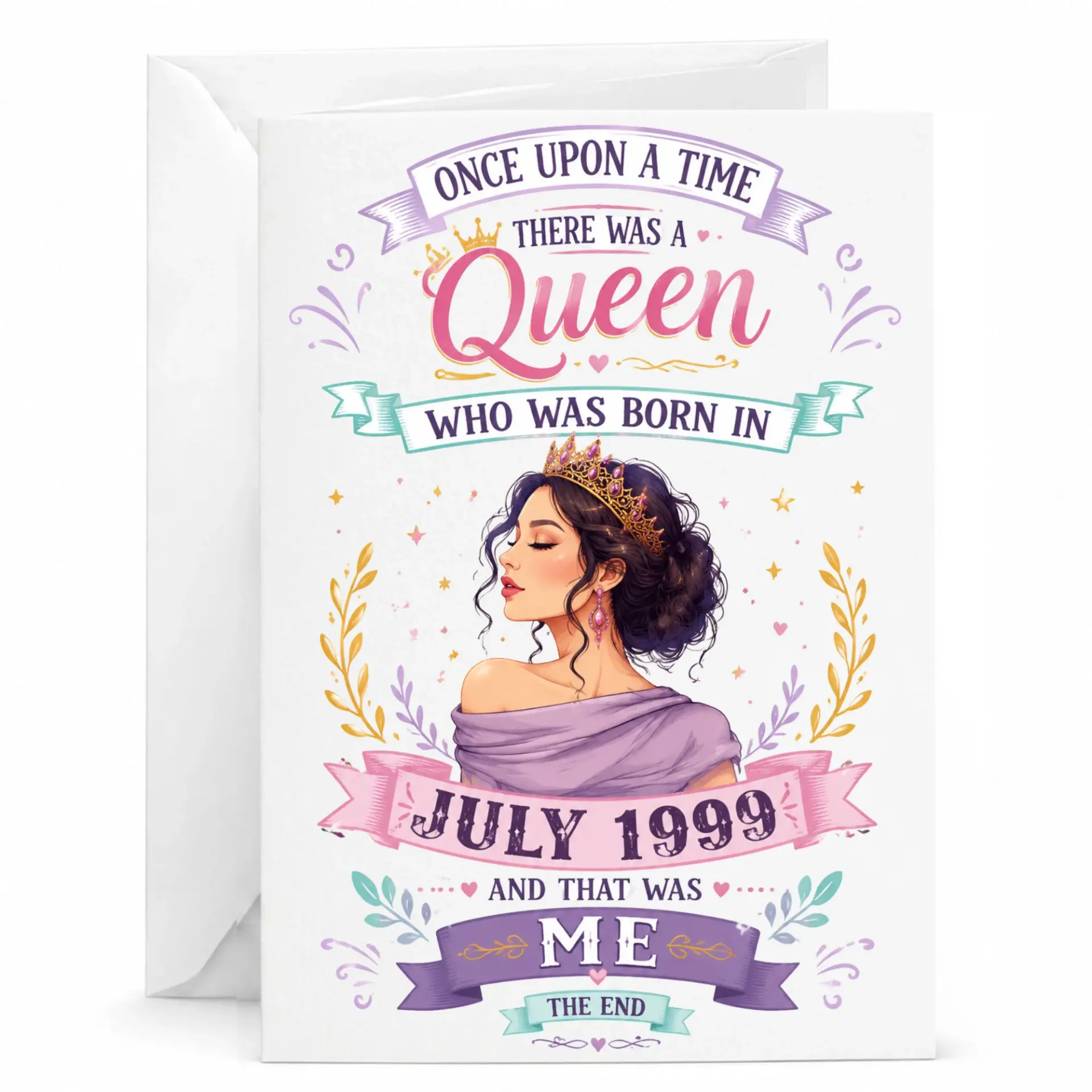 Birthday Card Queen Born in July 1999 Funny Retro Greeting Card for Her with Envelope 5x7 Inches Folded