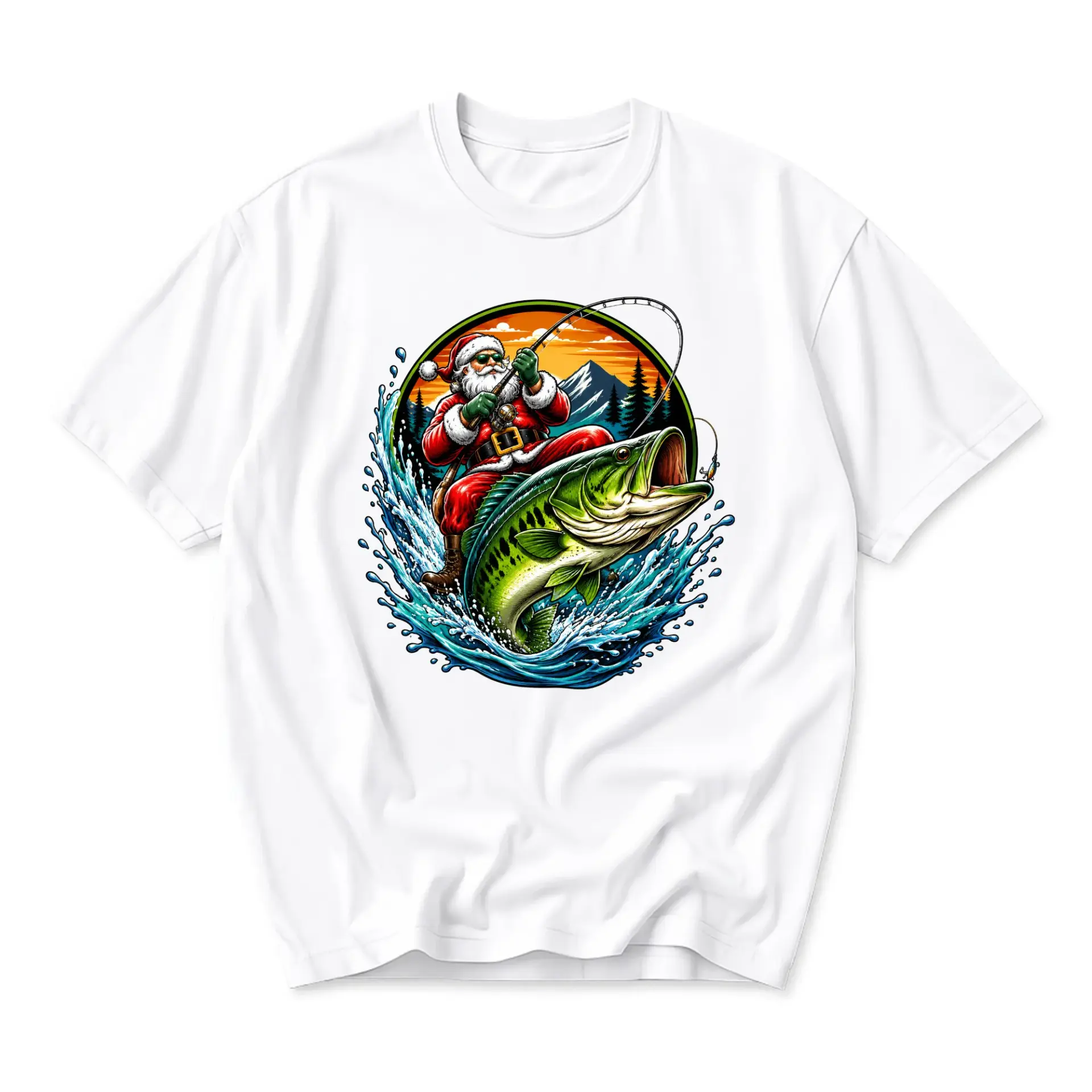 Graphic Tee Unisex Crew Neck Santa Claus Fishing Catching Big Fish