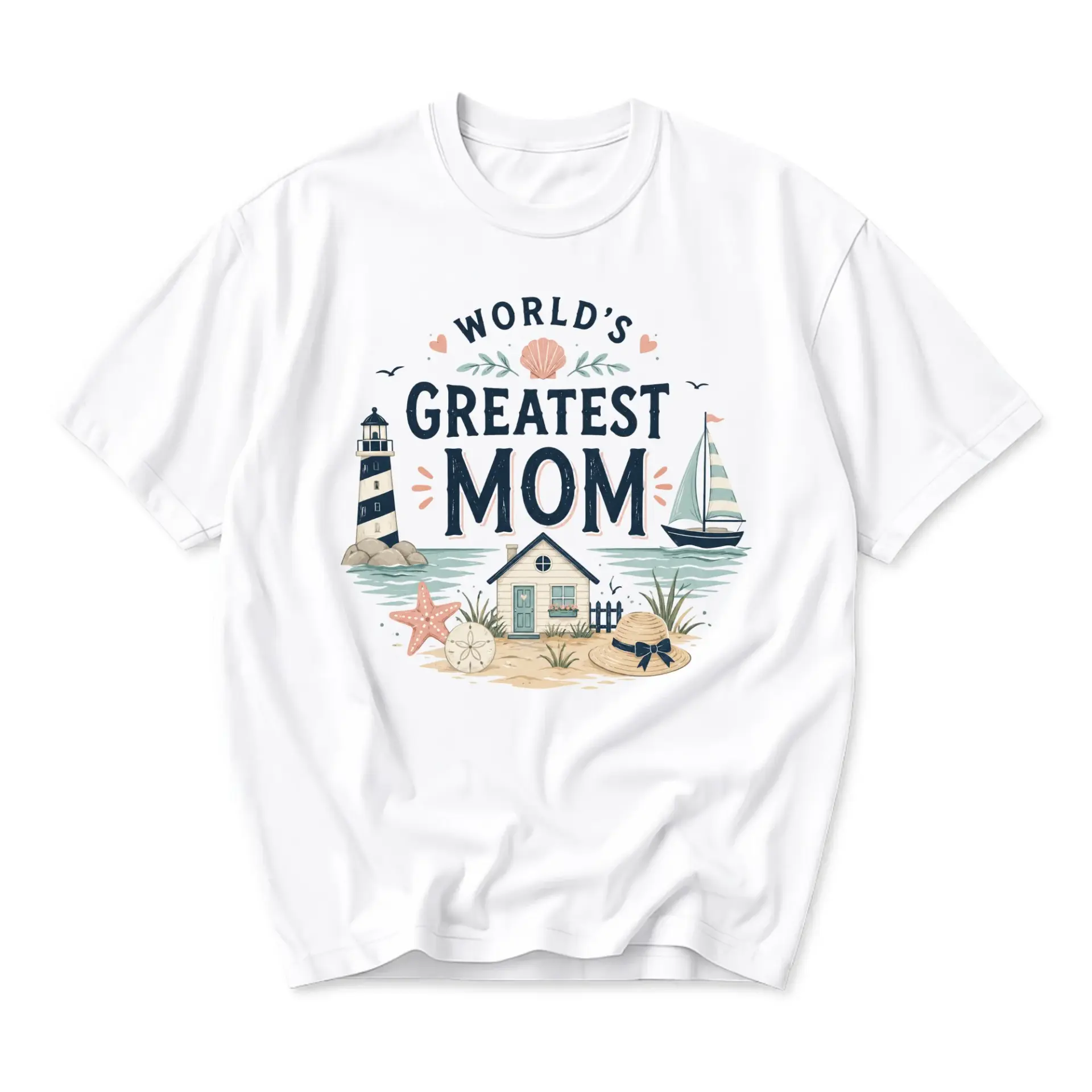 Graphic Tee World's Greatest Mom Nautical Summer Beach Design Unisex Casual Crew Neck Comfortable Cotton Shirt
