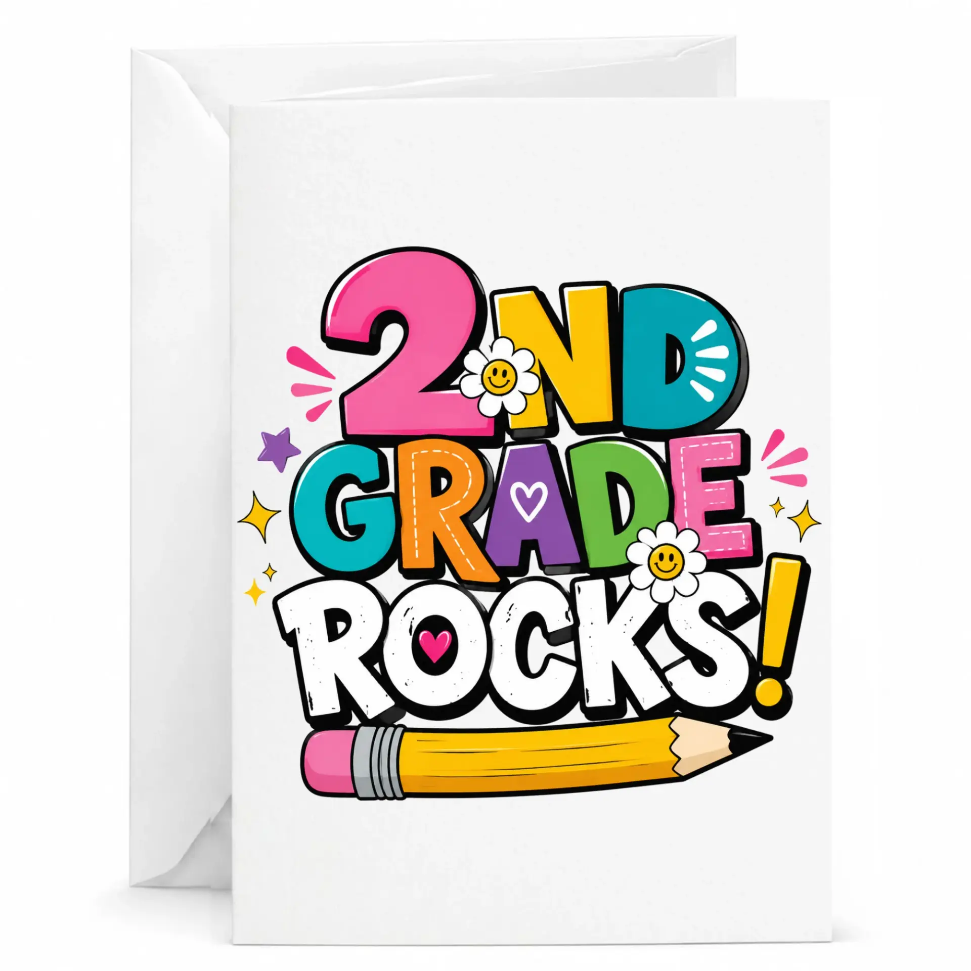 Greeting Card 2nd Rocks Colorful Whimsical Design with Pencil Illustration for Academic Achievement