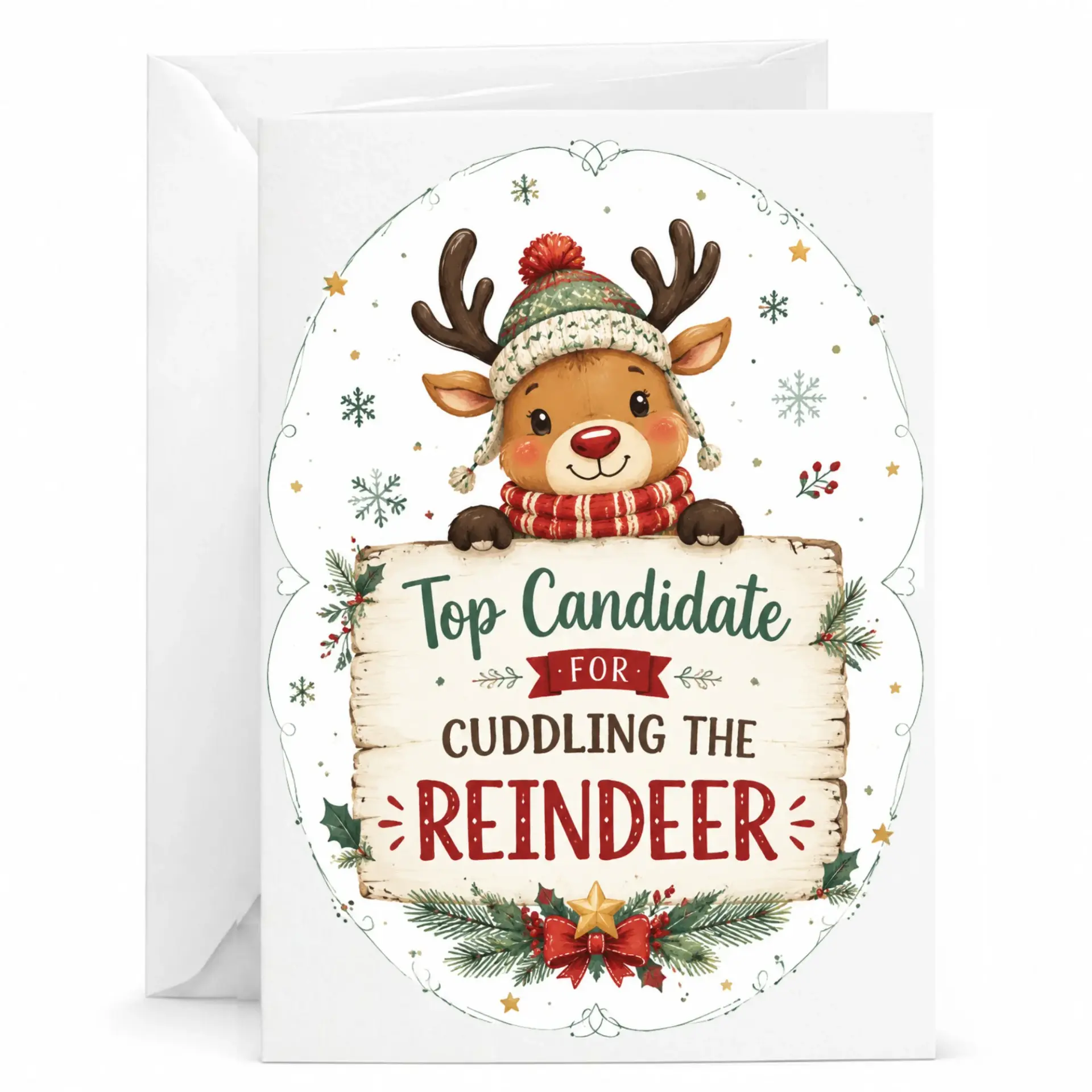 Funny Reindeer Greeting Card for Holiday Season and Winter Cheer, Festive Cuddling Theme Print on Heavyweight Cardstock