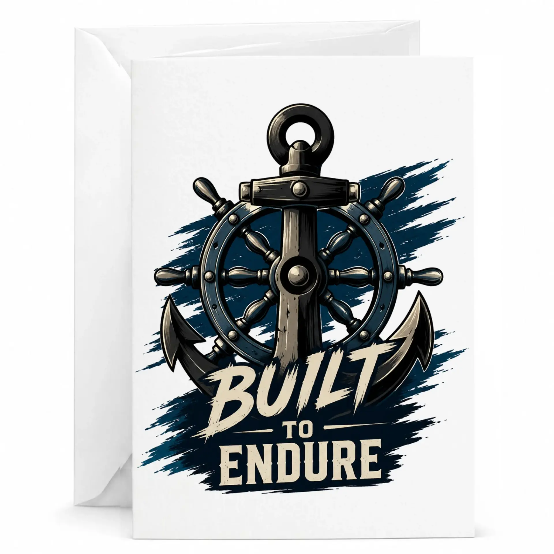 Greeting Card Built to Endure Nautical Ship Wheel and Anchor Design Featuring Artistic Maritime Illustration