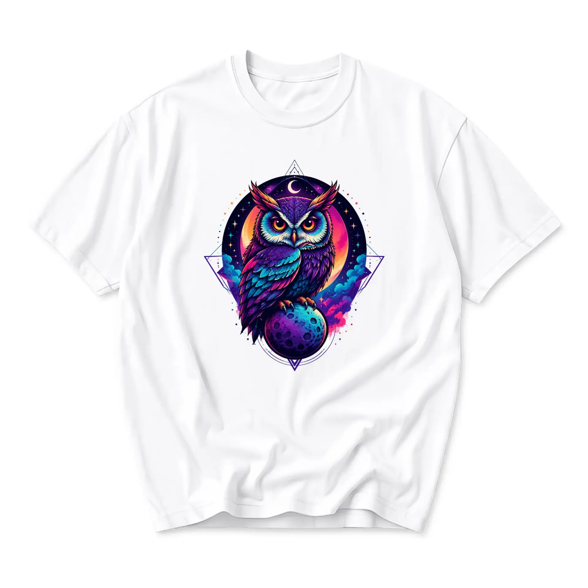Graphic Tee Featuring Colorful Celestial Owl Art Print Unisex Casual Crew Neck Comfortable Short Sleeve Cotton Shirt