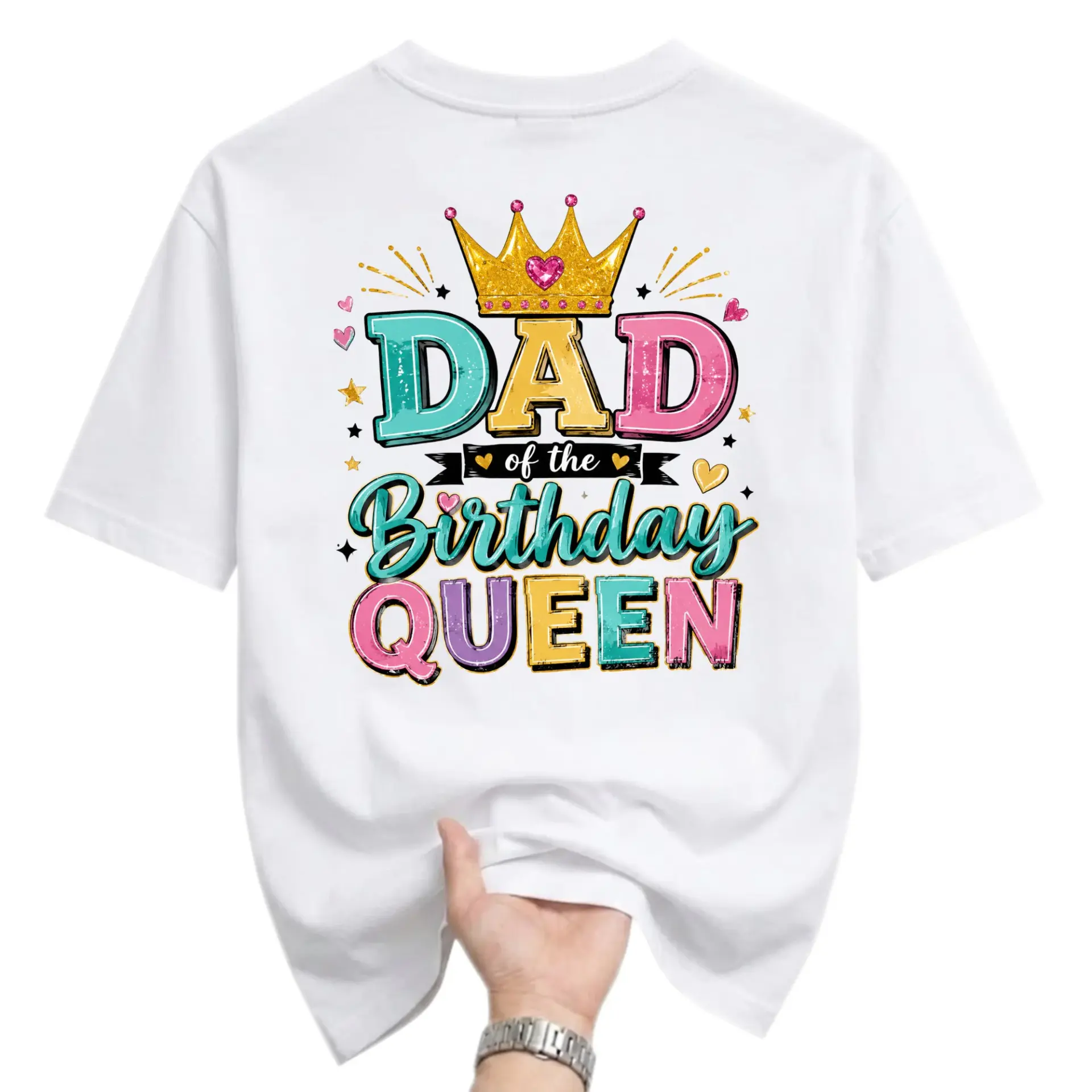 Funny Shirt Dad of the Birthday Queen Graphic Printed Unisex Crew Neck Casual Everyday Wear Tee for Family Party