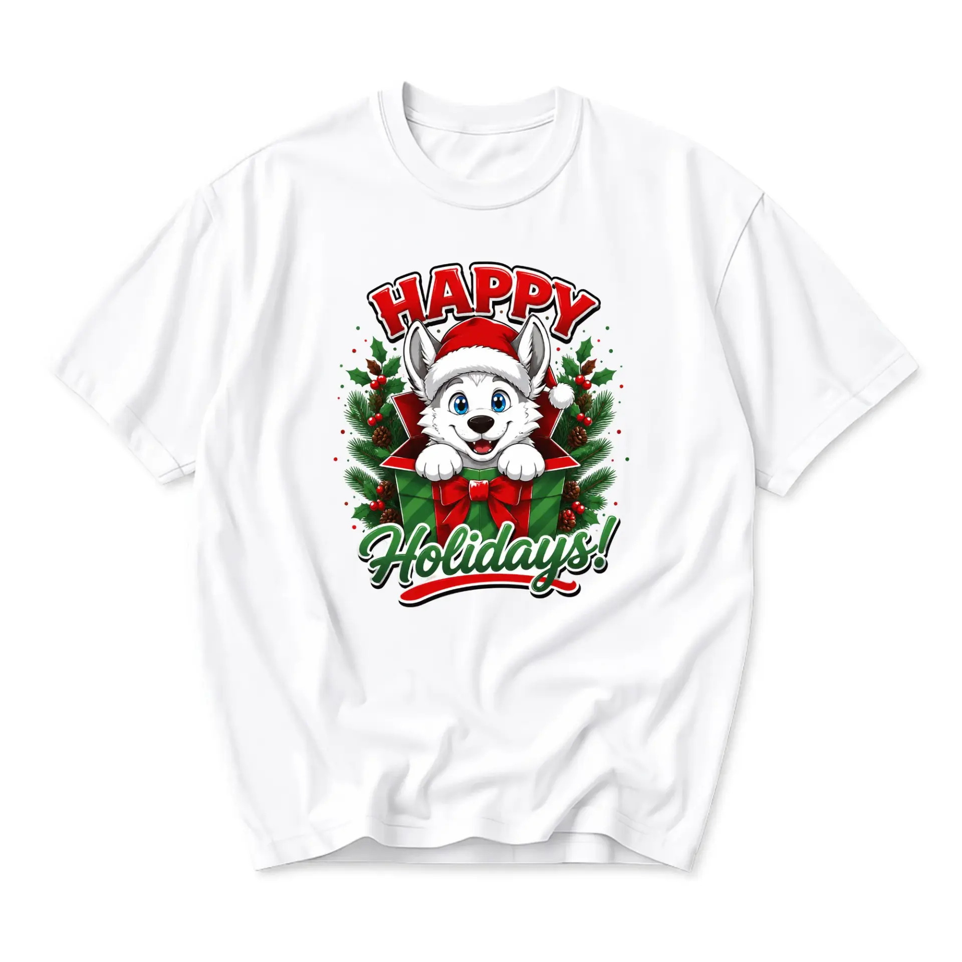 Graphic Tee Happy Holidays Husky Puppy in Christmas Gift Box Unisex Crew