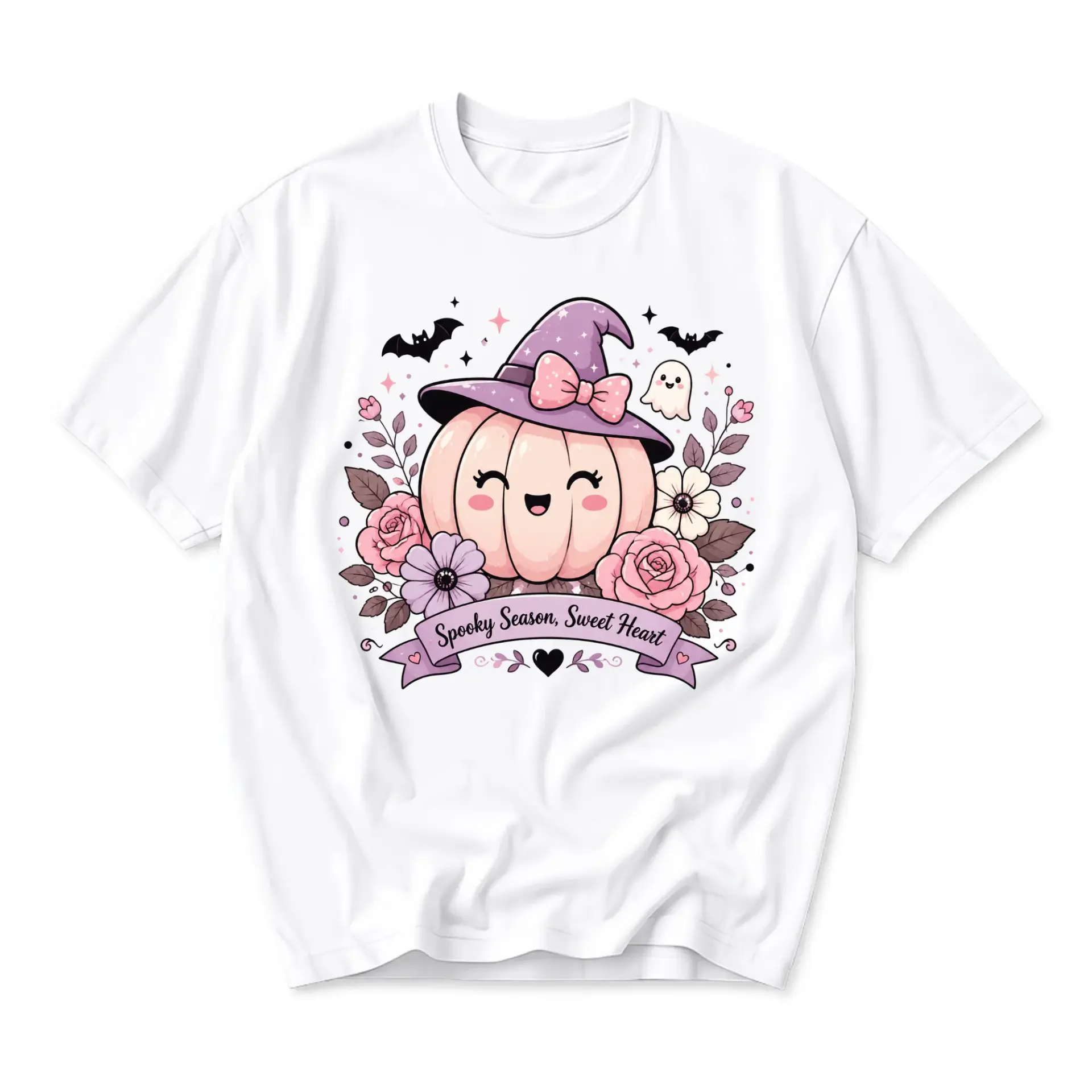 Graphic Tee Spooky Season Sweet Heart Cute Pumpkin Witch Hat Illustration Unisex Cotton Crew Neck Casual Shirt