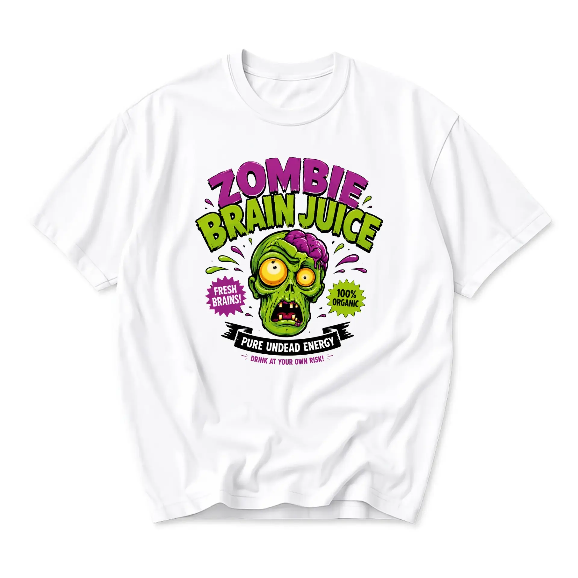 Funny Shirt Zombie Brain Juice Graphic Tee Pure Undead Energy Casual Apparel Unisex Crew Neck Short Sleeve Top