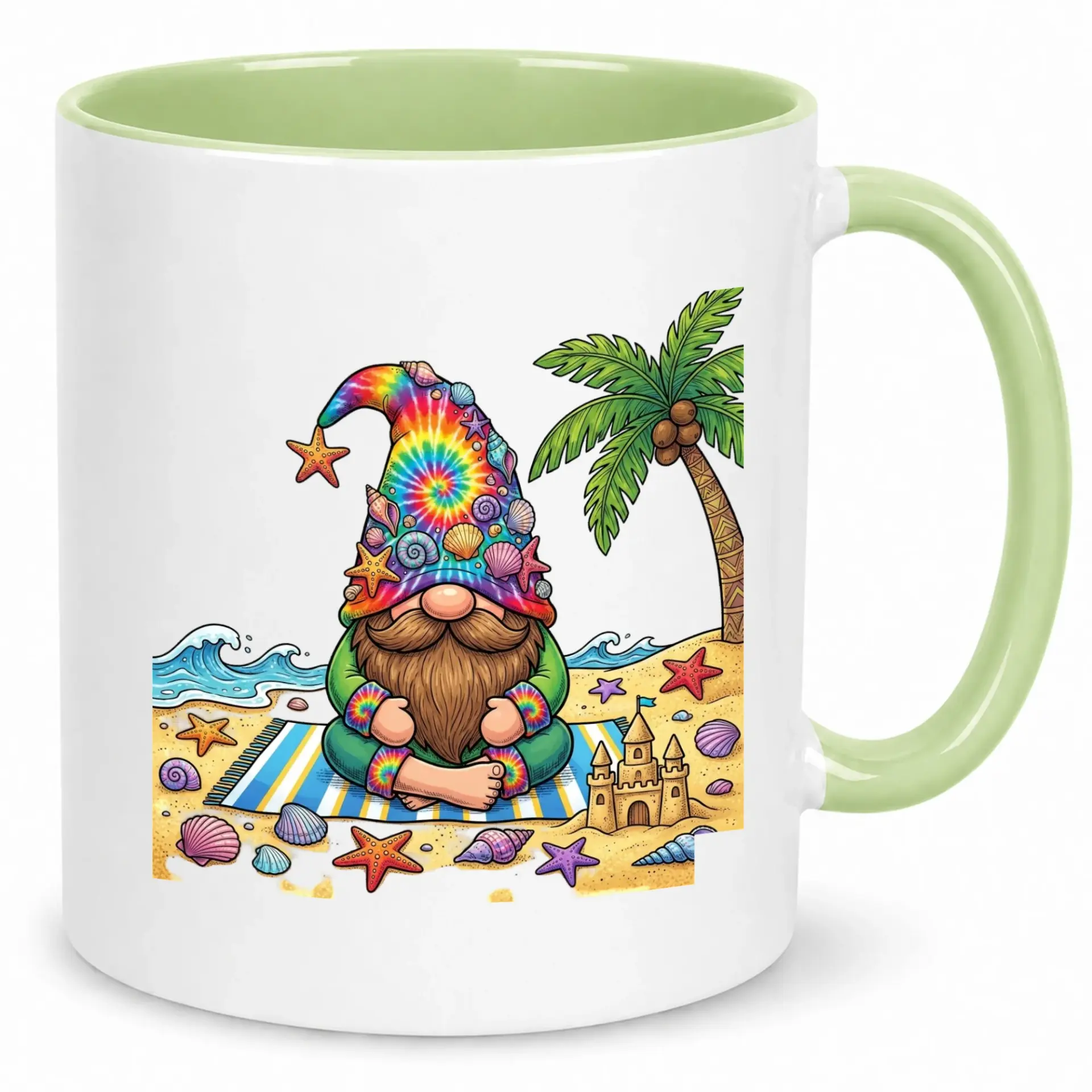 Coffee Mug with Beach Gnome Design, Tie Dye Hat and Seashells, Summer Holiday Vacation Ceramic Cup, Tropical Shoreline Drinkware Gift