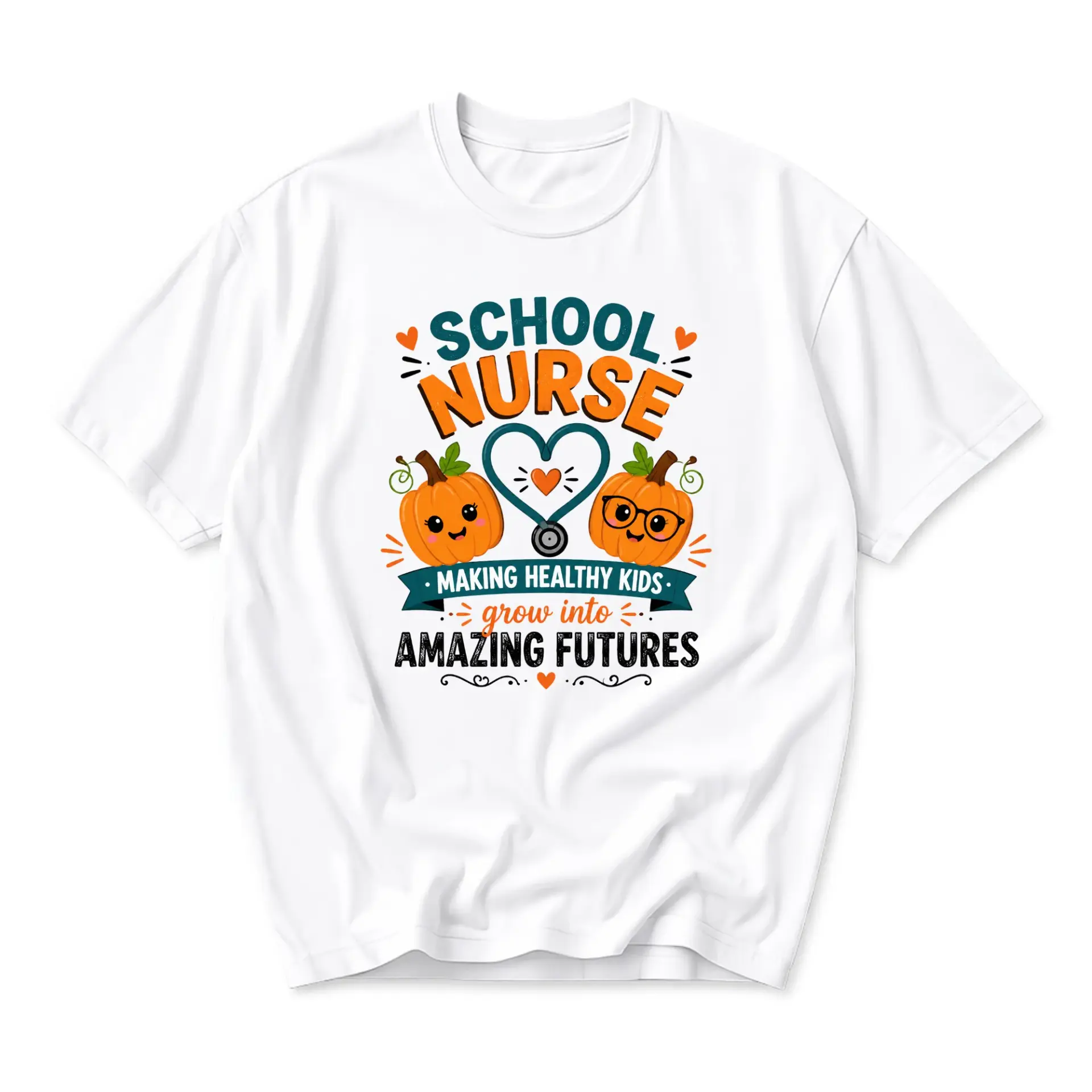 Graphic Tee School Nurse Making Healthy Grow into Amazing Futures Fall Pumpkin Theme Unisex Crew Neck Casual Shirt