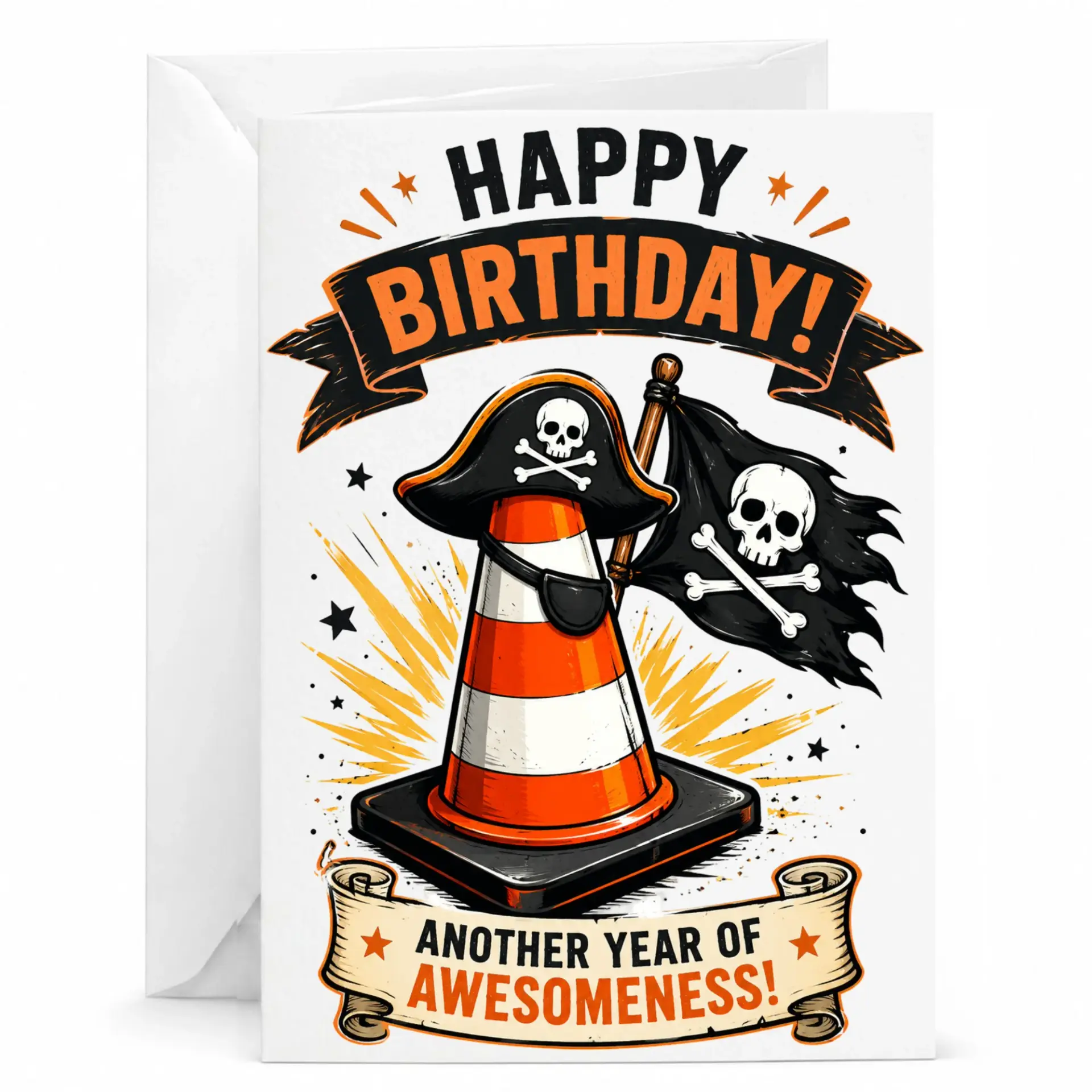 Birthday Card Funny Pirate Cone Design Featuring Another Year of Awesomeness Greeting with Included Envelope