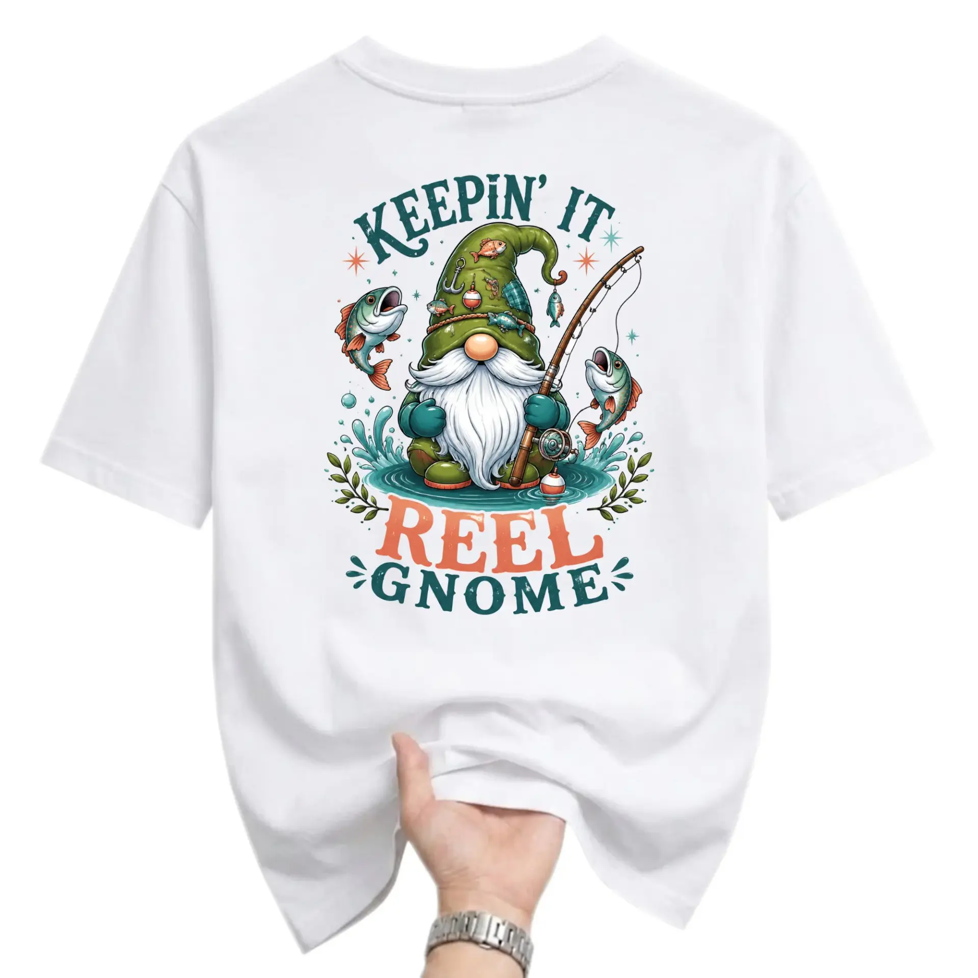 Funny Shirt Keepin It Reel Gnome Graphic Tee Unisex Casual Apparel for Fishing Enthusiasts and Outdoors Lovers White
