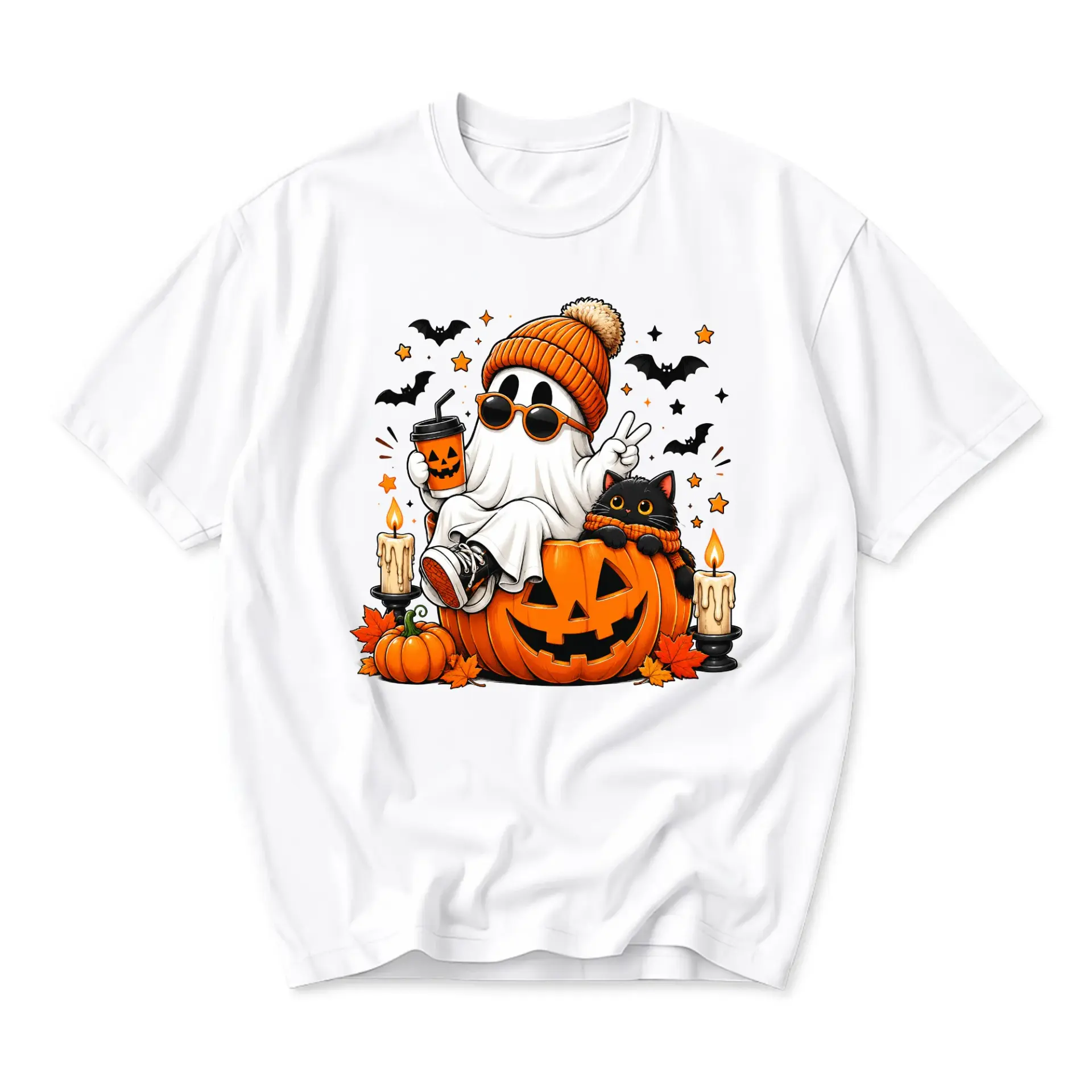 Graphic Tee Unisex Halloween Ghost Sitting on Pumpkin with Black Cat and Coffee Casual Short Sleeve Crew Neck Shirt