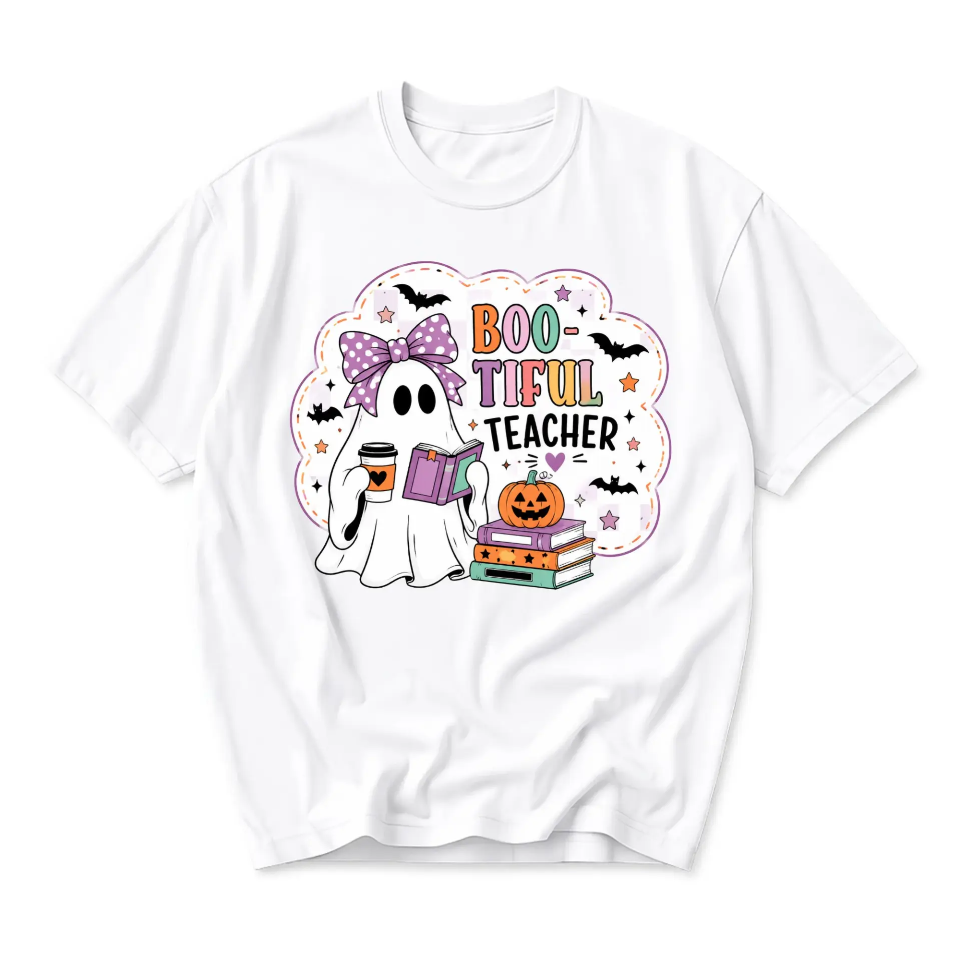 Funny Shirt Boo-Tiful Teacher Graphic Tee Autumn Ghost Print Unisex Casual Crew Neck Comfortable Cotton Blend Top