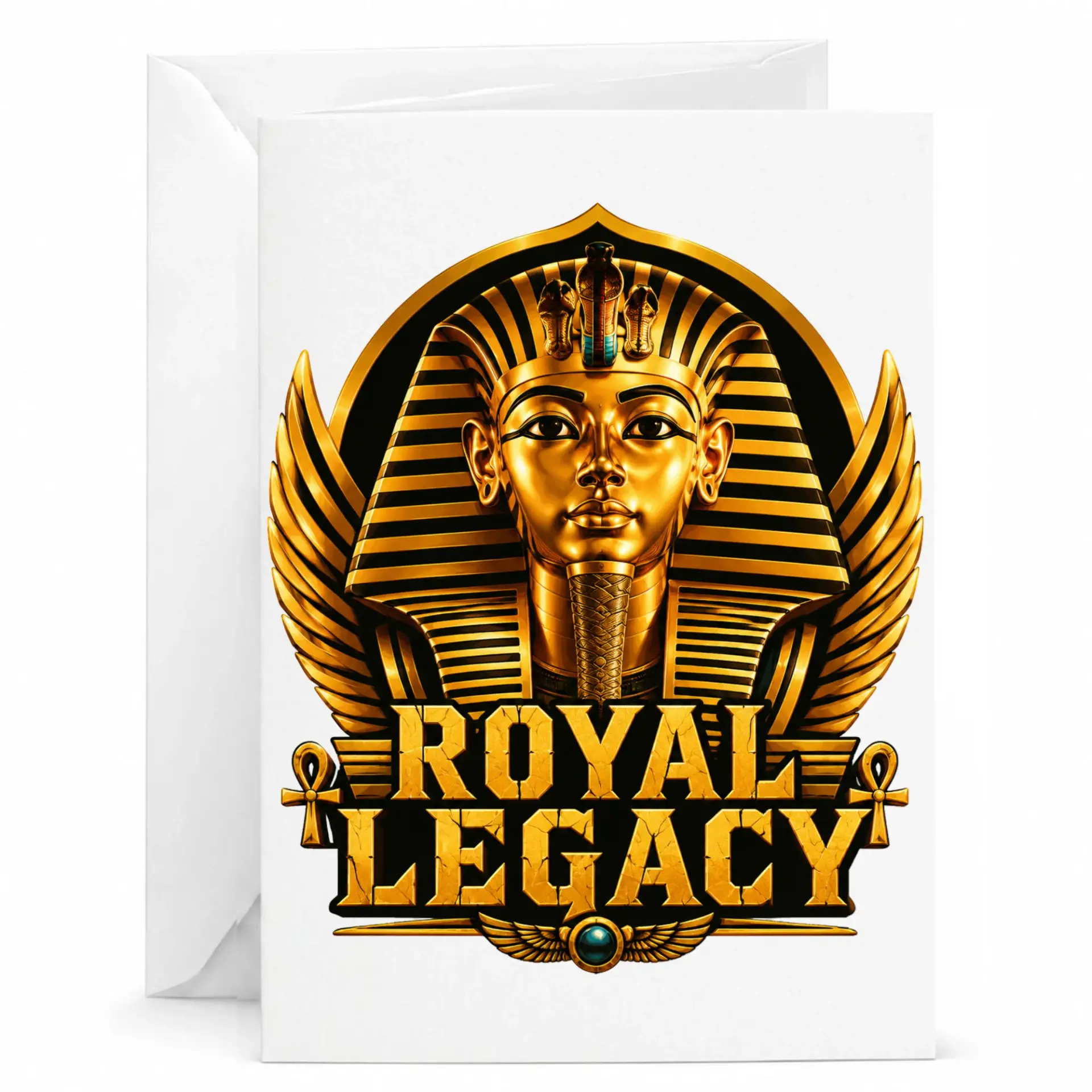 Greeting Card Royal Legacy Egyptian Pharaoh Theme Featuring Intricate Gold Mask Artwork for Special Occasions