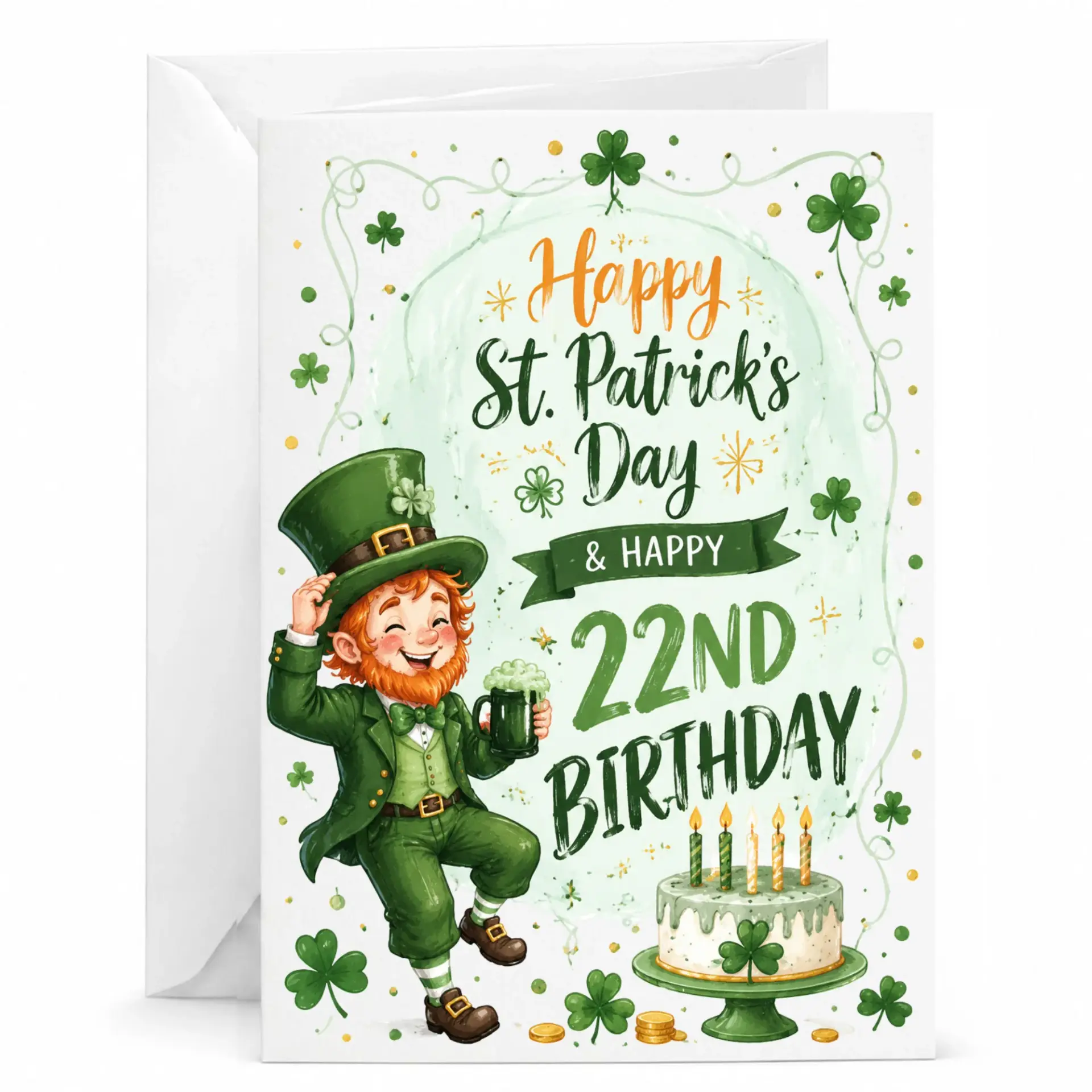 Greeting Card Happy St Patricks Day and Happy 22nd Birthday with Leprechaun Illustration and Shamrock Decor