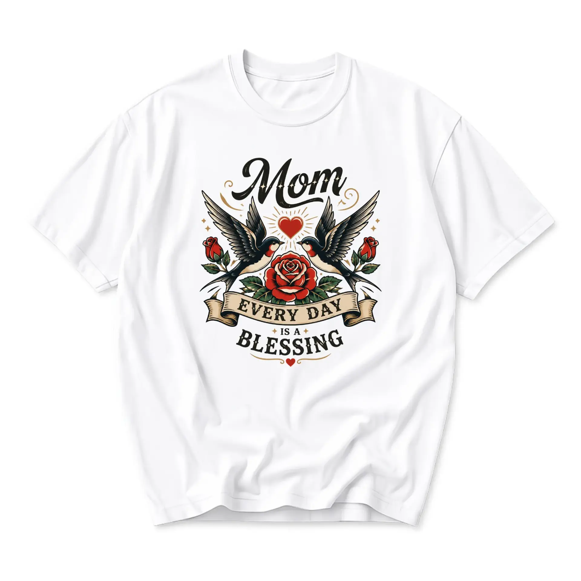 Graphic Tee Mom Every Day Is a Blessing Unisex Casual Crew Neck T-Shirt Vintage Style Floral Tattoo Bird Design