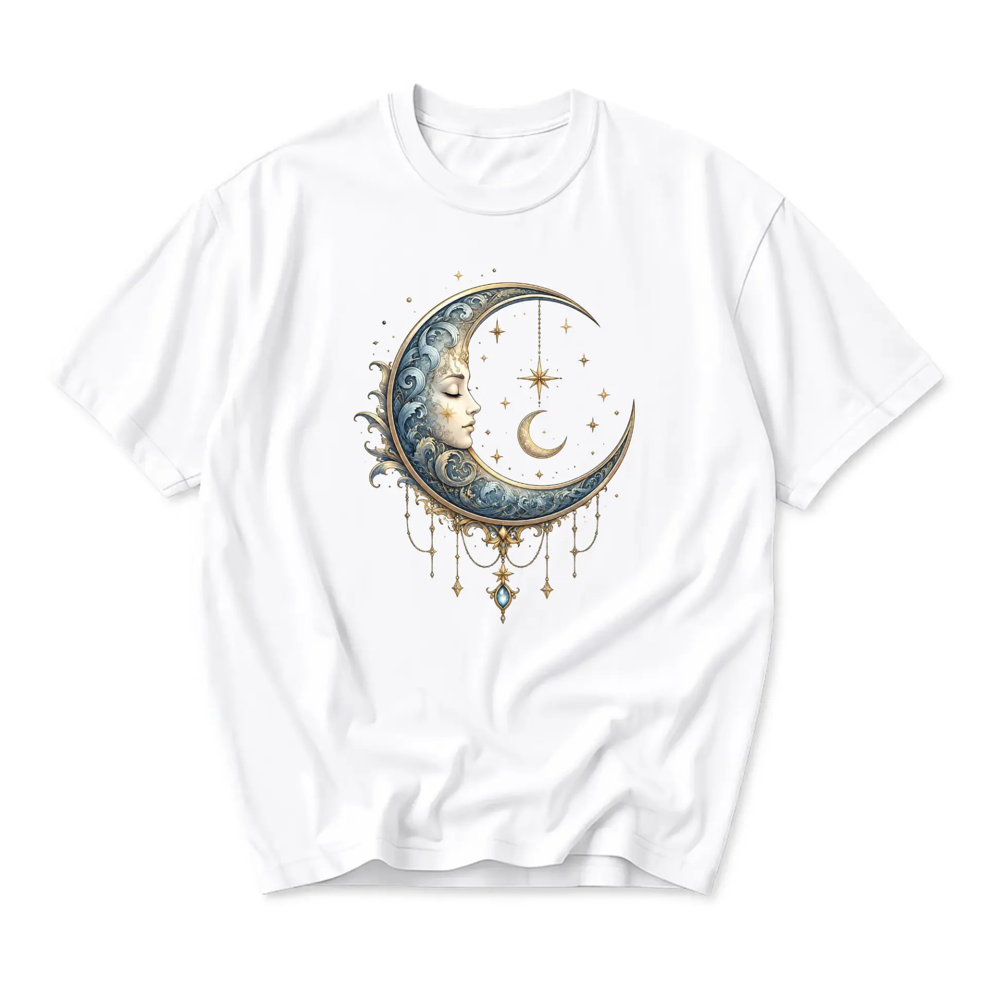 Graphic Tee Celestial Moon Art Printed T-Shirt White Casual Unisex Crew Neck Top for Astronomy and Astrology Lovers