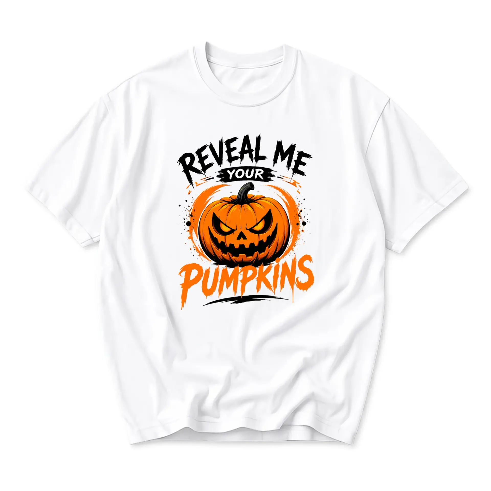 Funny Shirt Reveal Me Your Pumpkins Halloween Graphic Tee Unisex Casual Crew Neck Soft Cotton Blend Apparel
